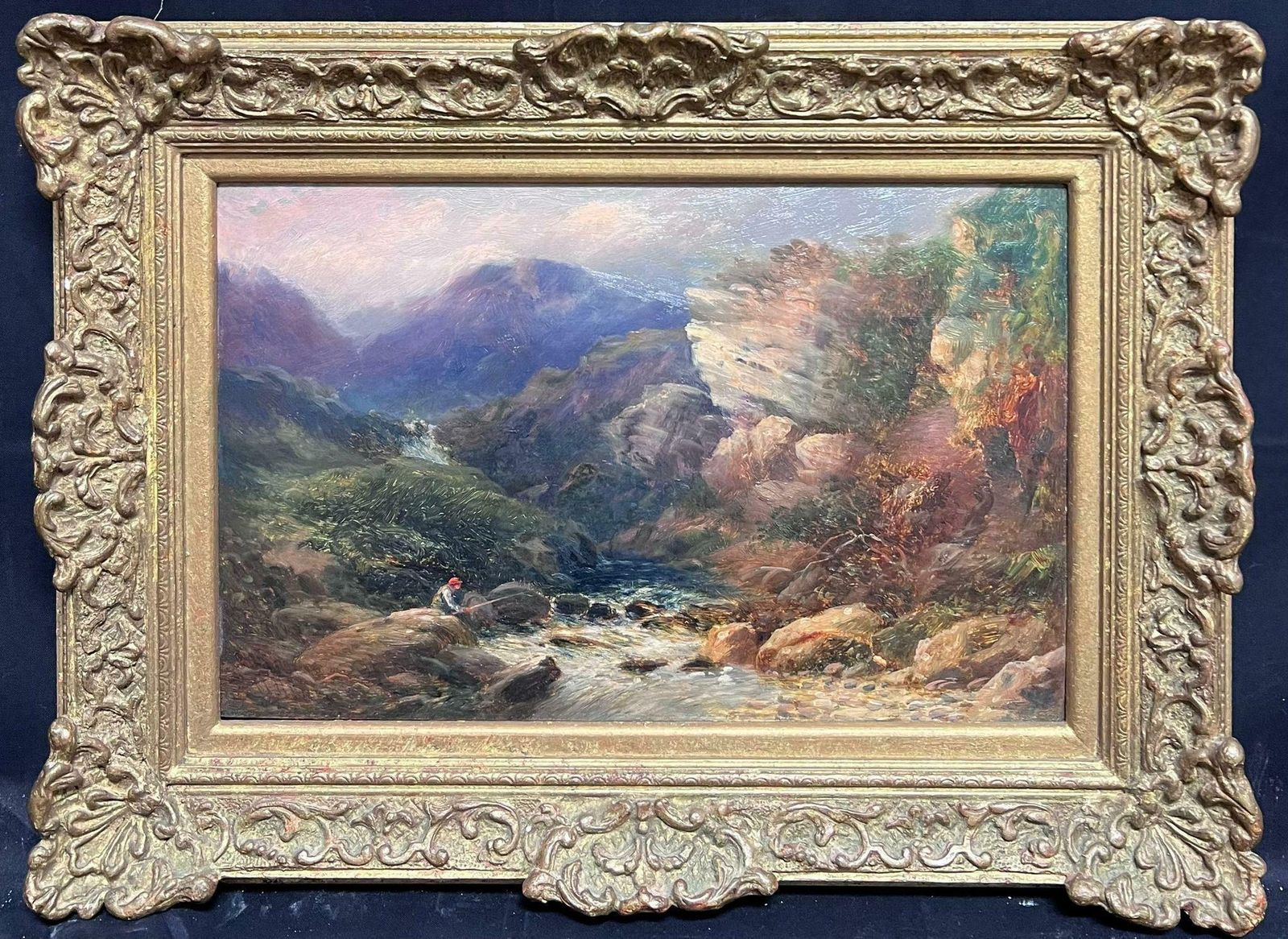 Thomas Morris Ashvictorian Oil Painting Welsh Mountain Landscape With Stream & Figure Fishing