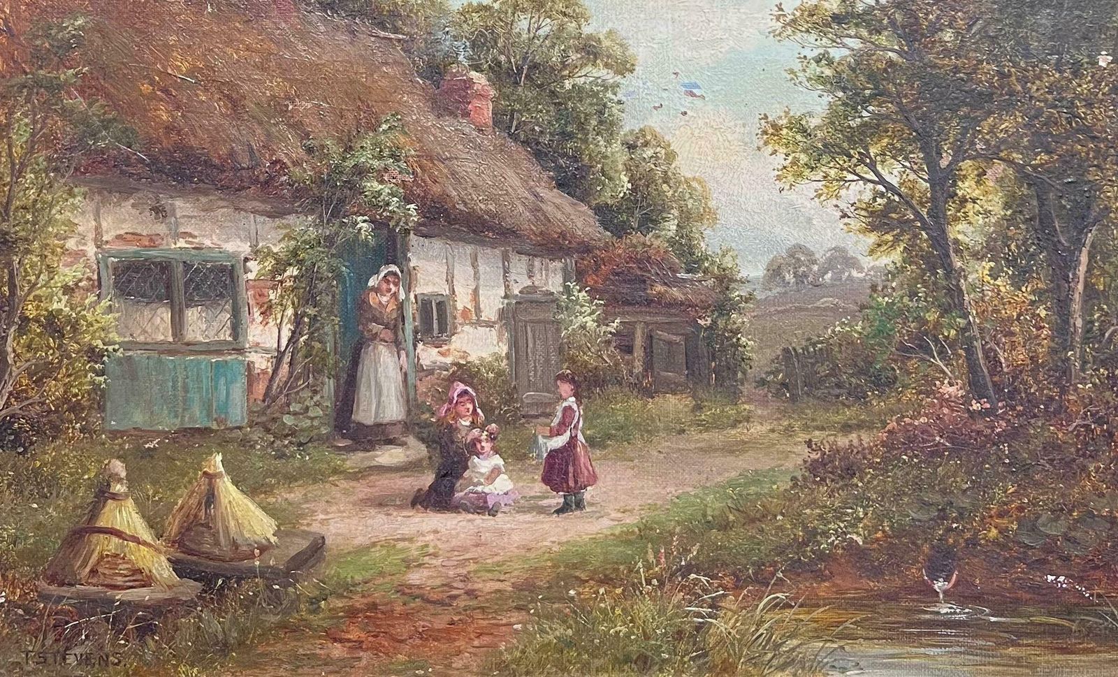 T.Stevens19th Century Rural Family Scene Victorian Cottage Children Playing English Oil