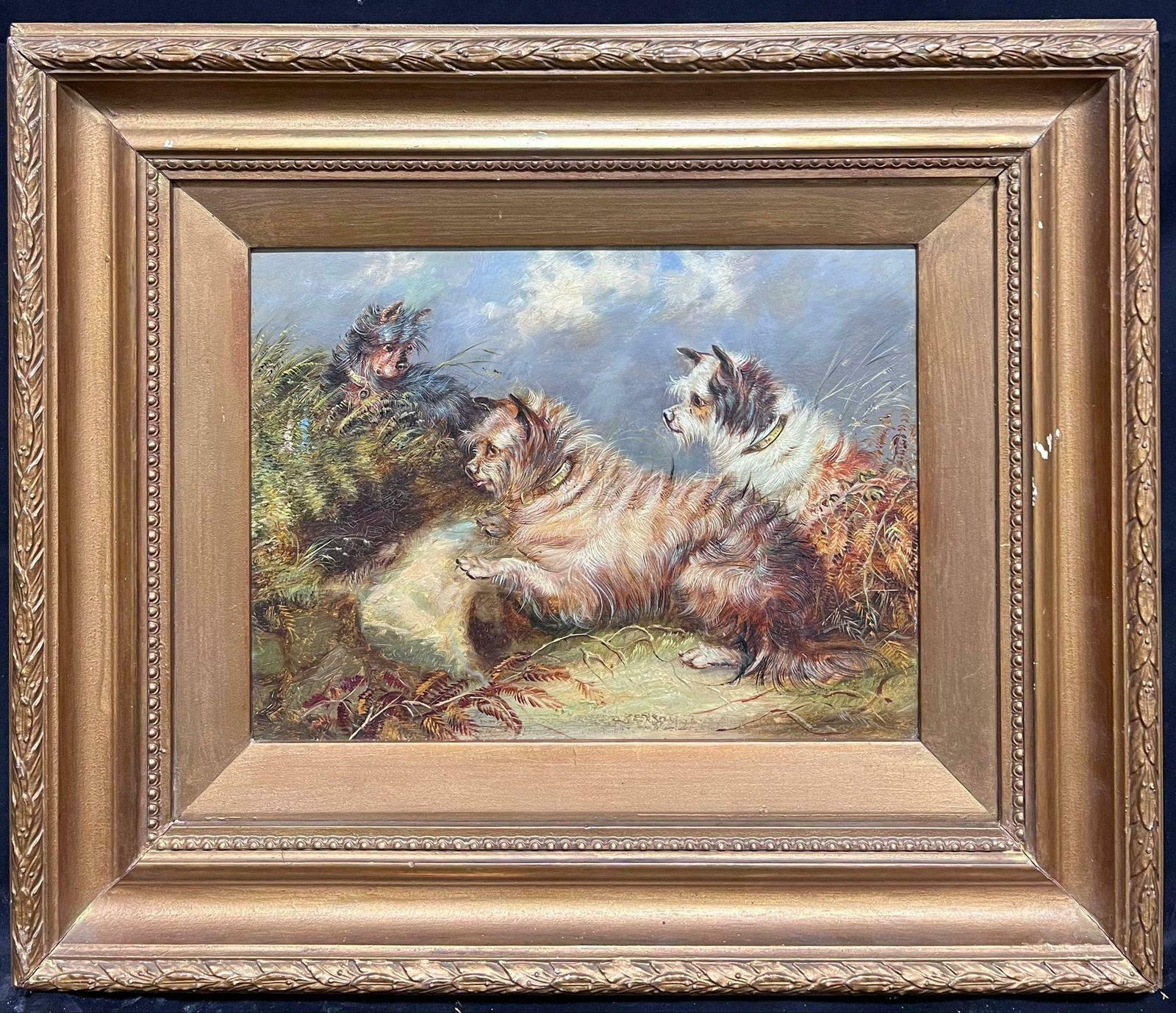English Dog Paintingfamily Of Three Playful Terrier Dogs In Meadow Vintage English Art Oil Painting photo furniture