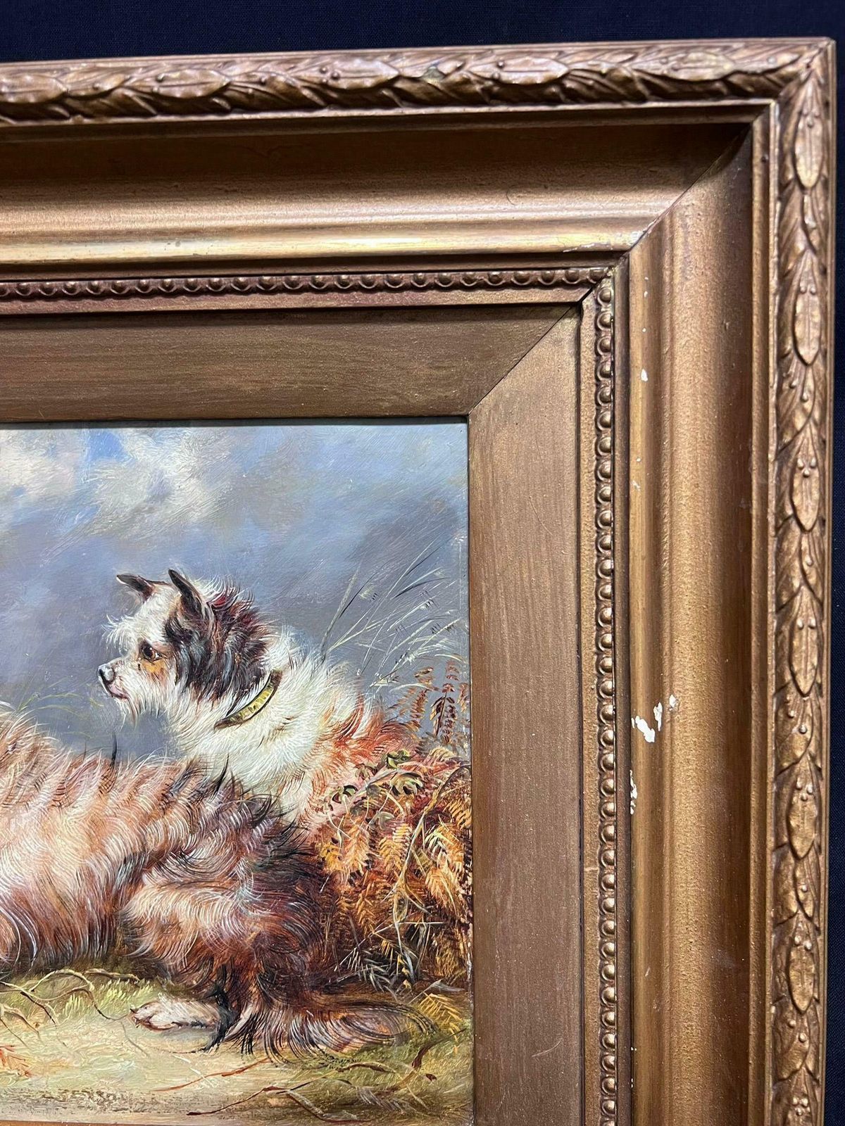 English Dog Paintingfamily Of Three Playful Terrier Dogs In Meadow Vintage English Art Oil Painting photo vintage
