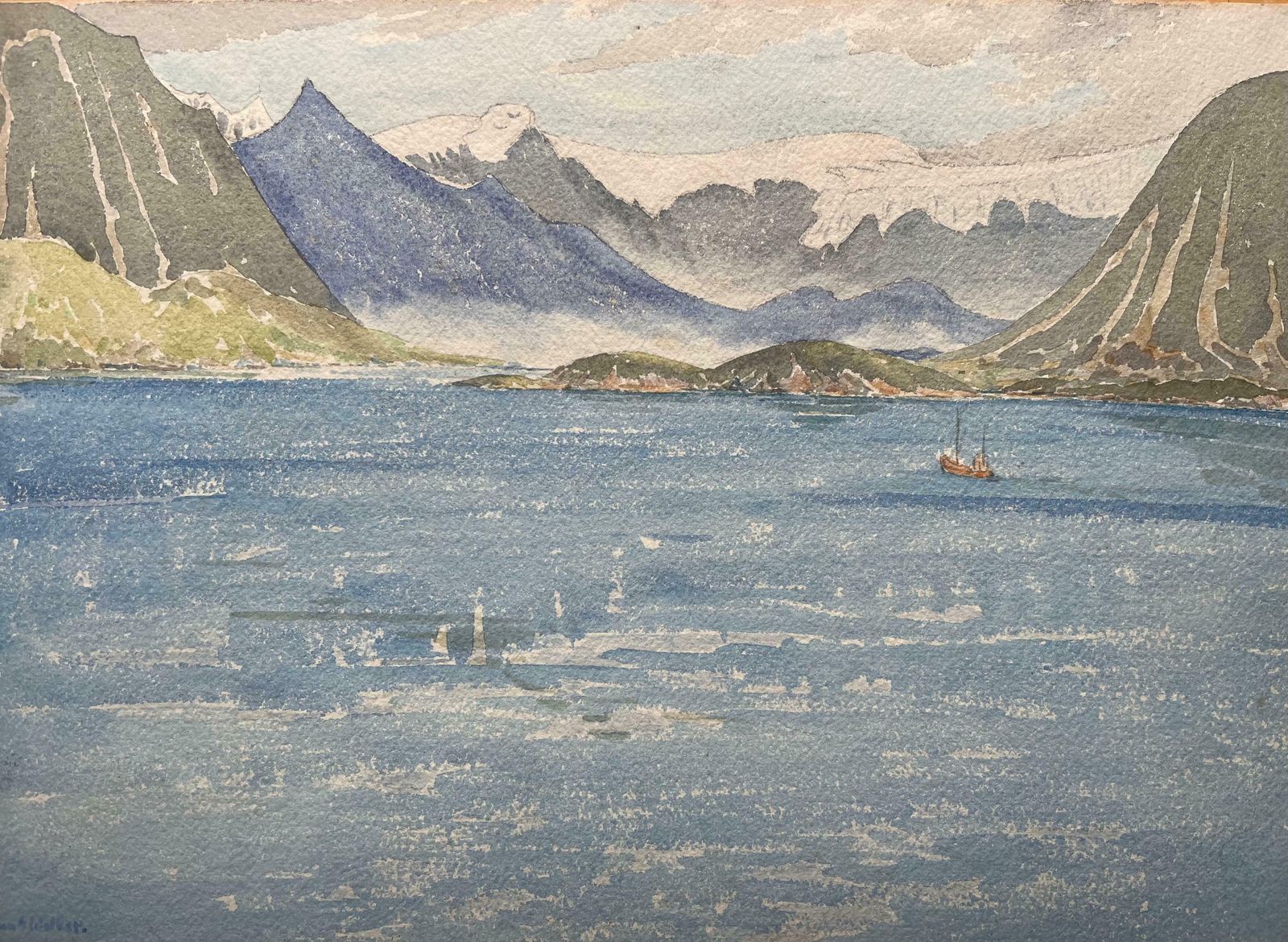 Ian G. Walkerfinely Detailed British Watercolor Topographical Of The Svartisen Glacier1966