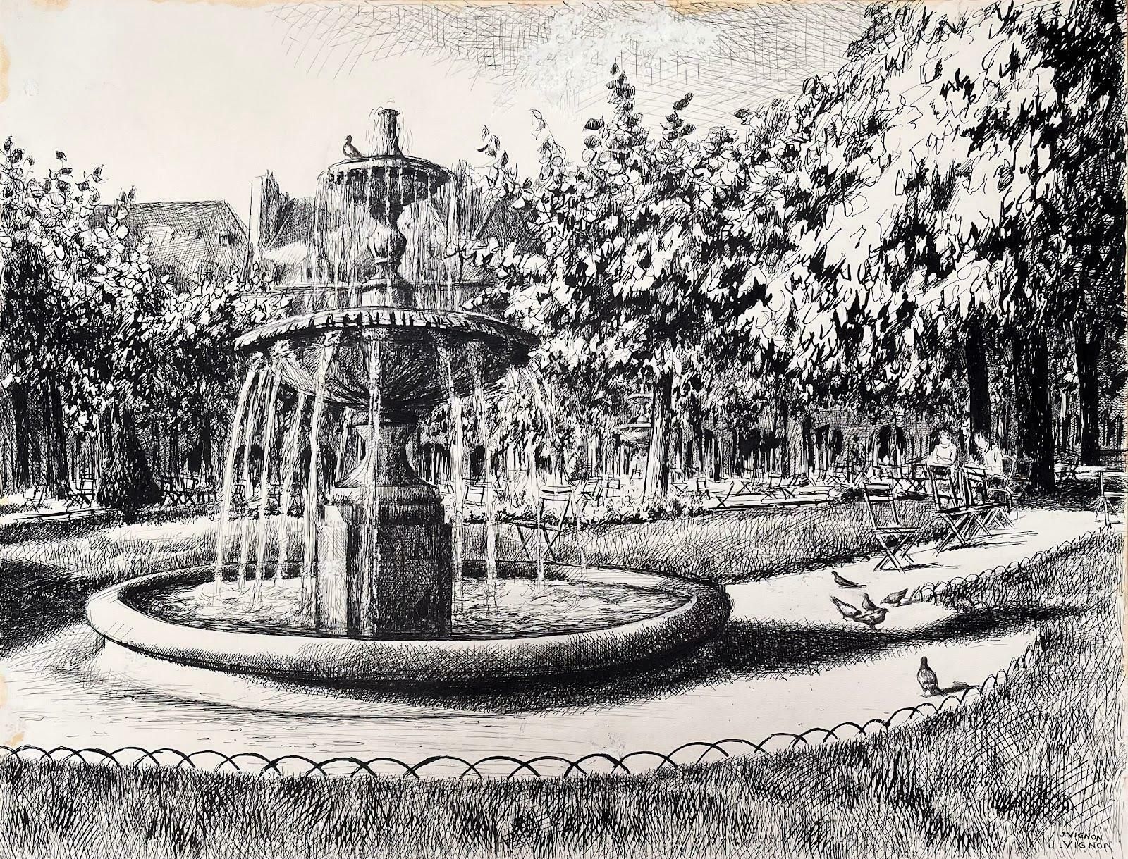 Josine Vignonmid Century French Original Ink Drawing Of Place Des Vosges (Paris 1970)1970 photo furniture