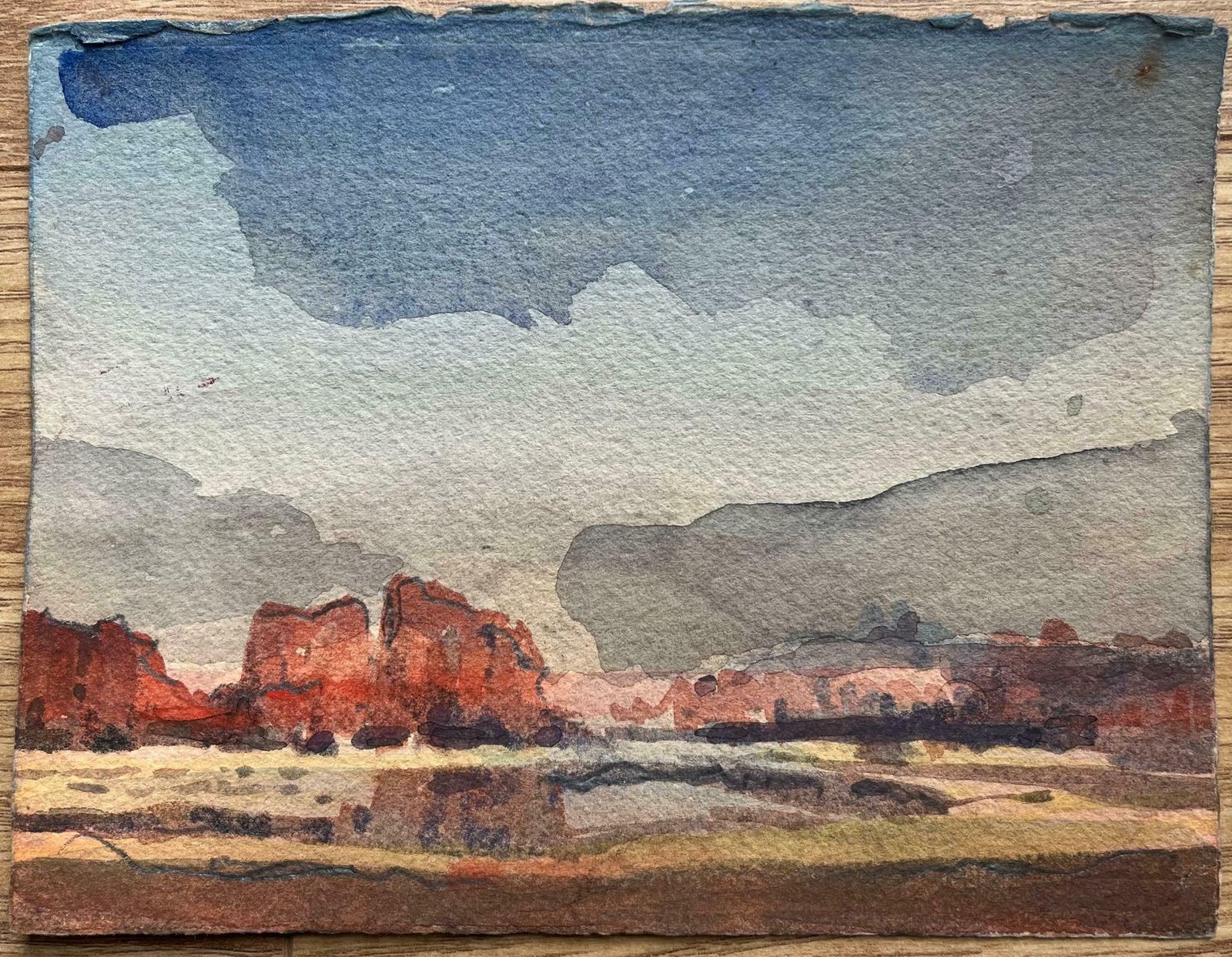 Maurice Mazeiliefrench Impressionist Watercolor Desert Landscape Of A Red Rock Formation20th Century photo furniture