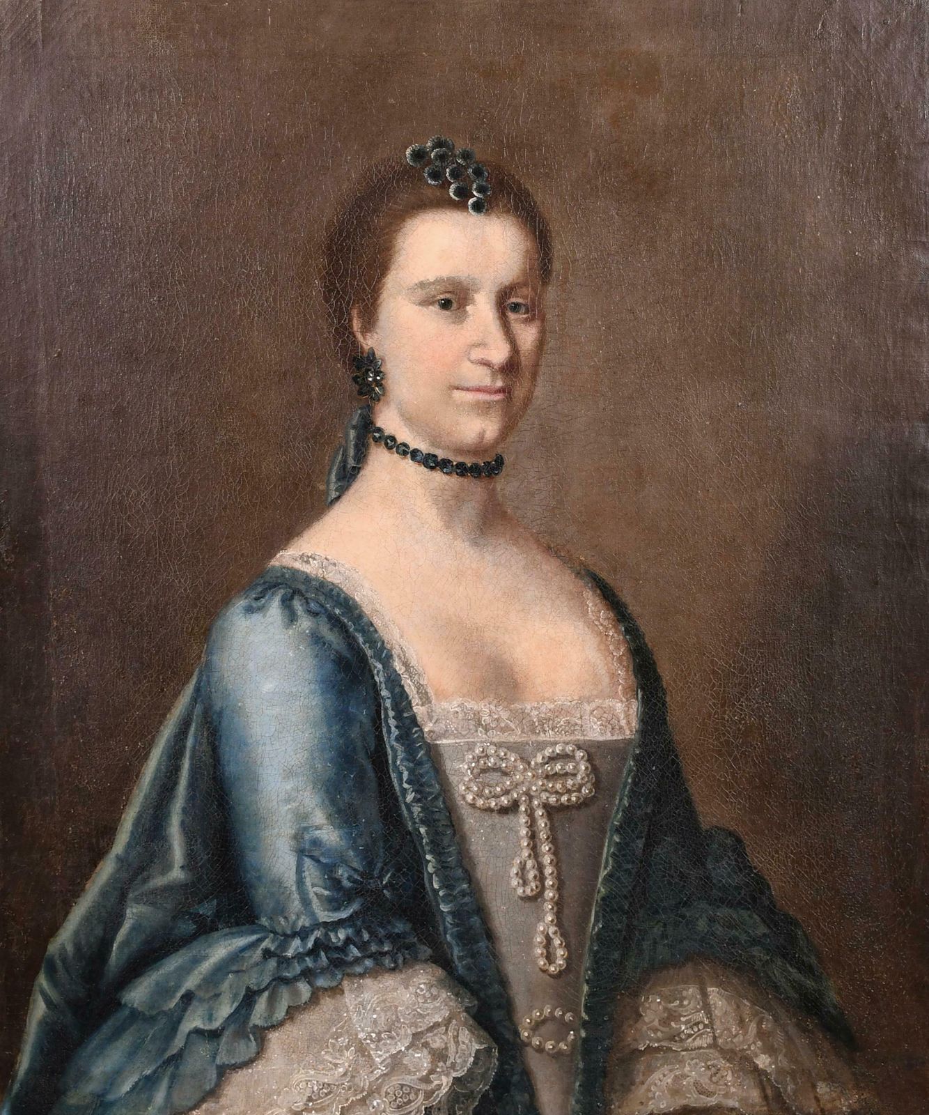 Large 18th Century English Oil Painting Portrait Of Aristocratic Lady In Blue