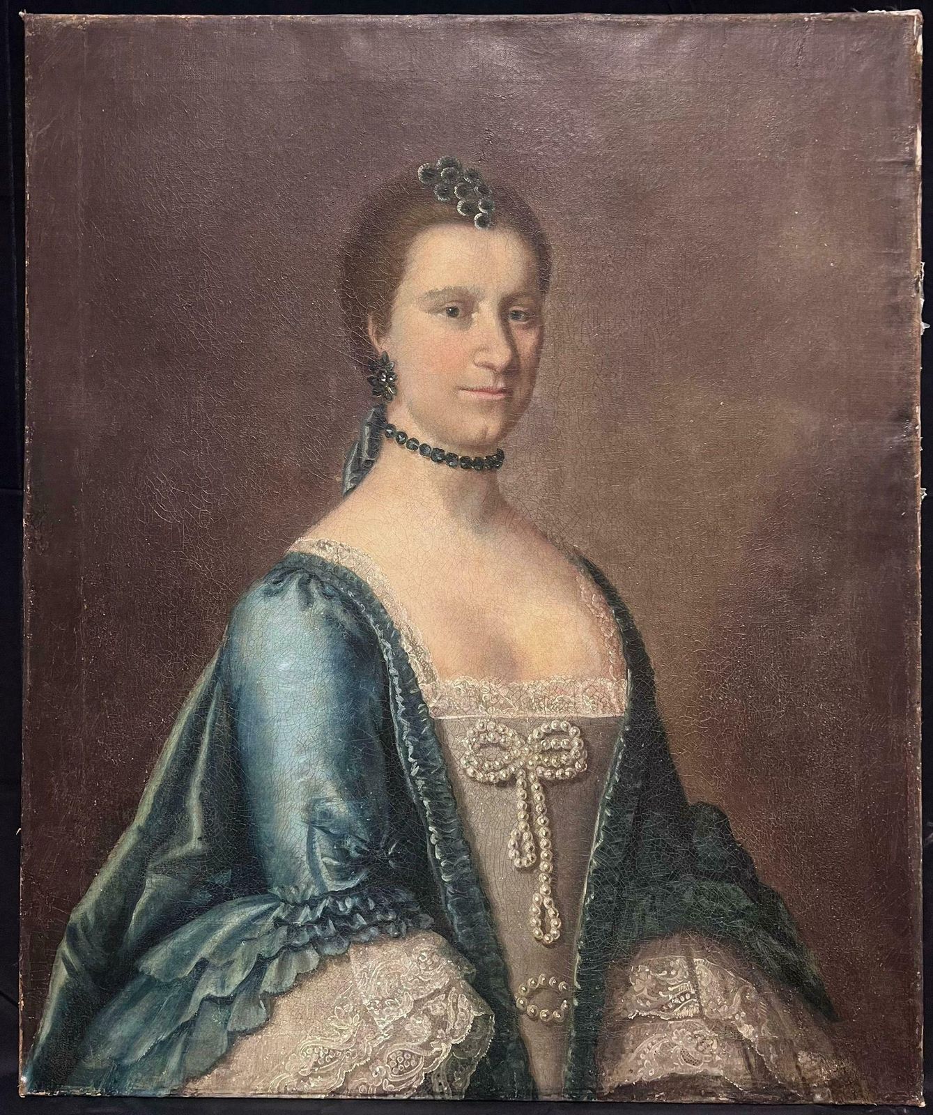 Large 18th Century English Oil Painting Portrait Of Aristocratic Lady In Blue photo for sale