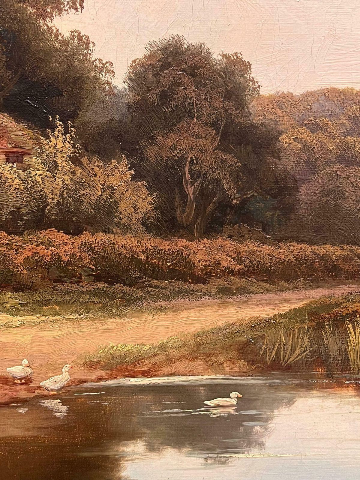 Victorian English Oil 19th Century English Signed Oil Painting Cottage By The Village Duck Pond 18961896 photo vinterior