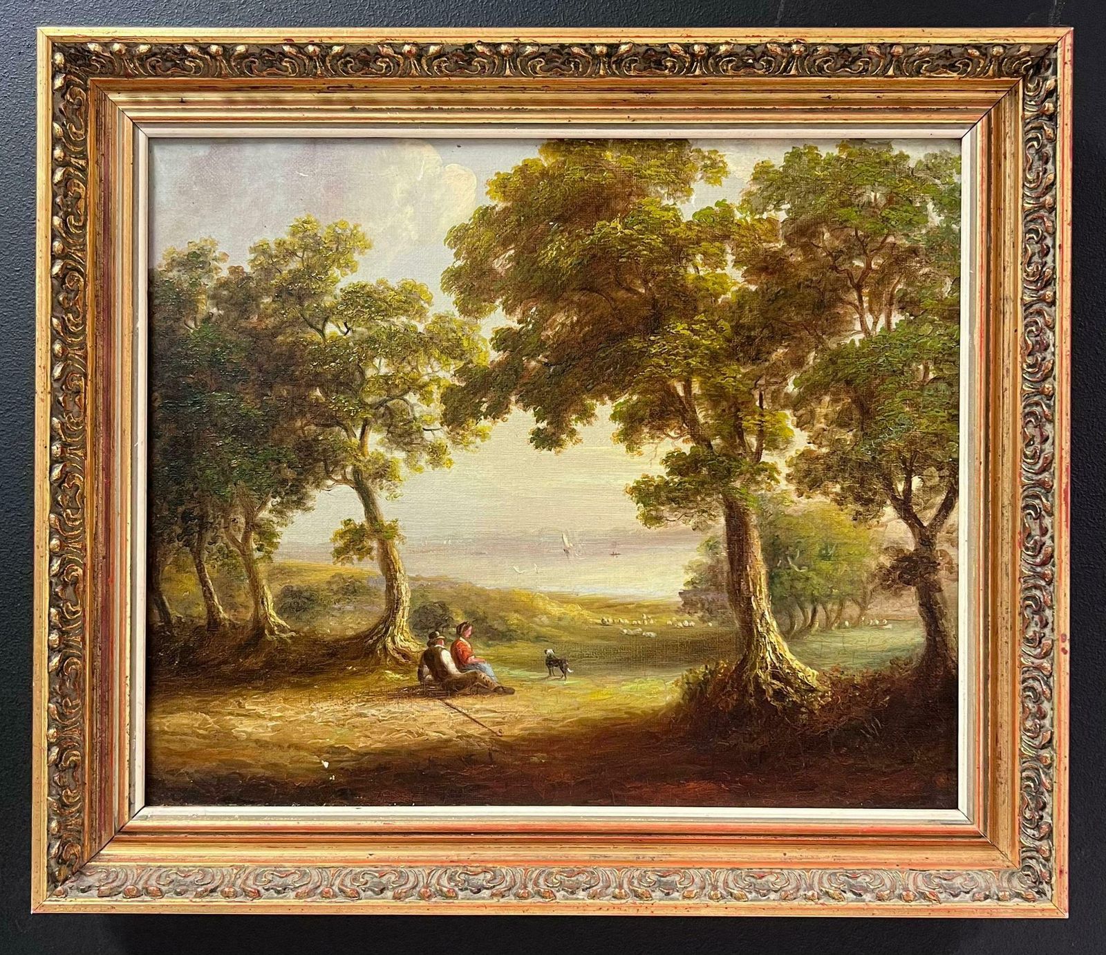 19th Century English Schoolantique English Oil Painting Figures Resting By River Woodland Landscape photo for sale