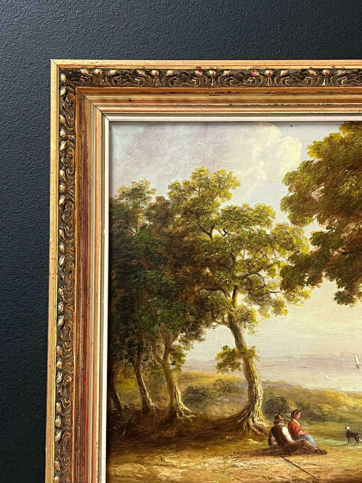 19th Century English Schoolantique English Oil Painting Figures Resting By River Woodland Landscape photo 967.0