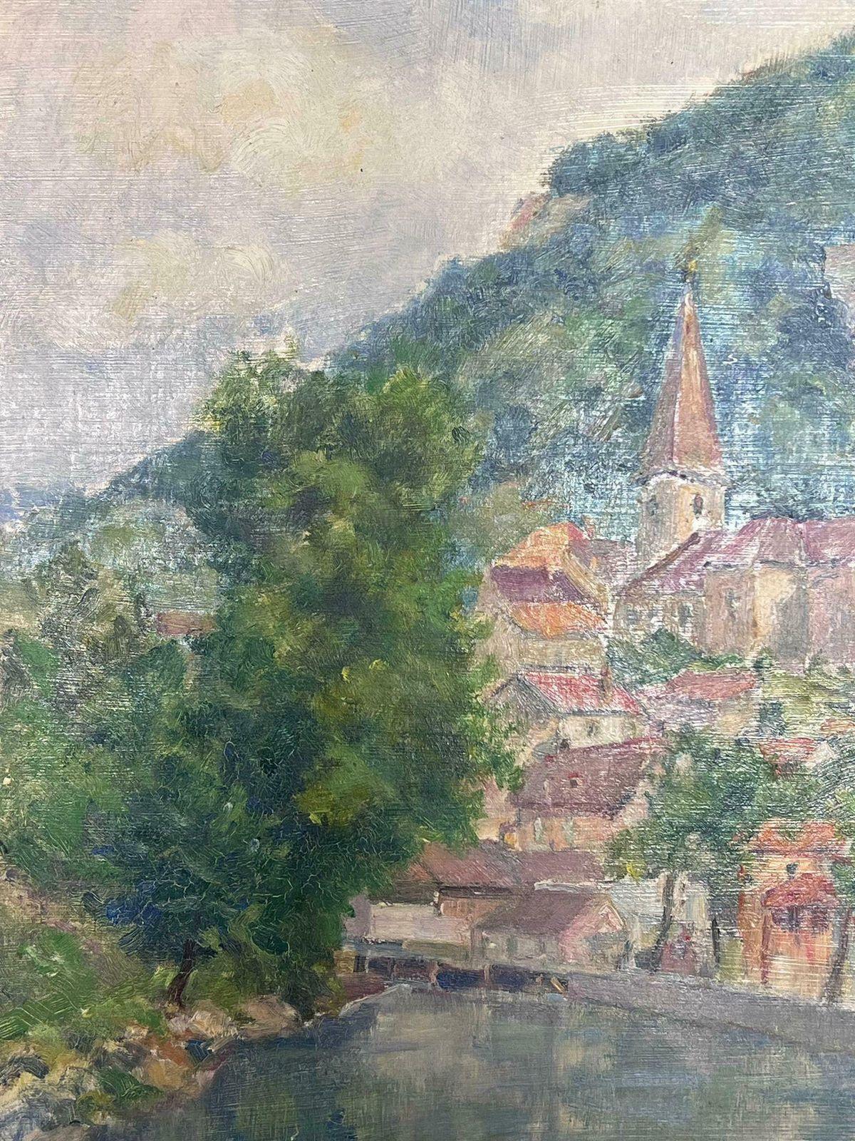 Regine Davidmid 20th Century 1950's French Post Impressionist Oil River Landscape Old Town1950's photo furniture