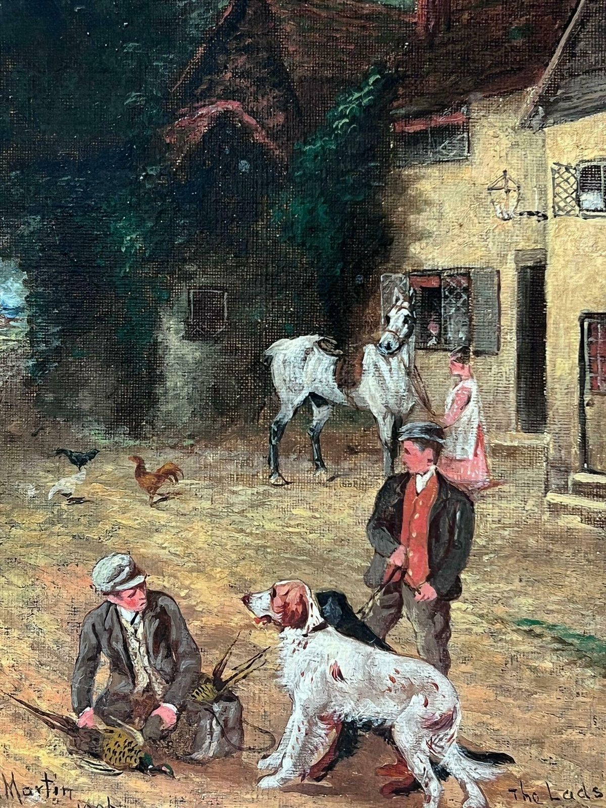 Sylvester Martinfine Antique English Oil Painting Village Lane With Tavern Dogs & Young Lads1906 photo buy