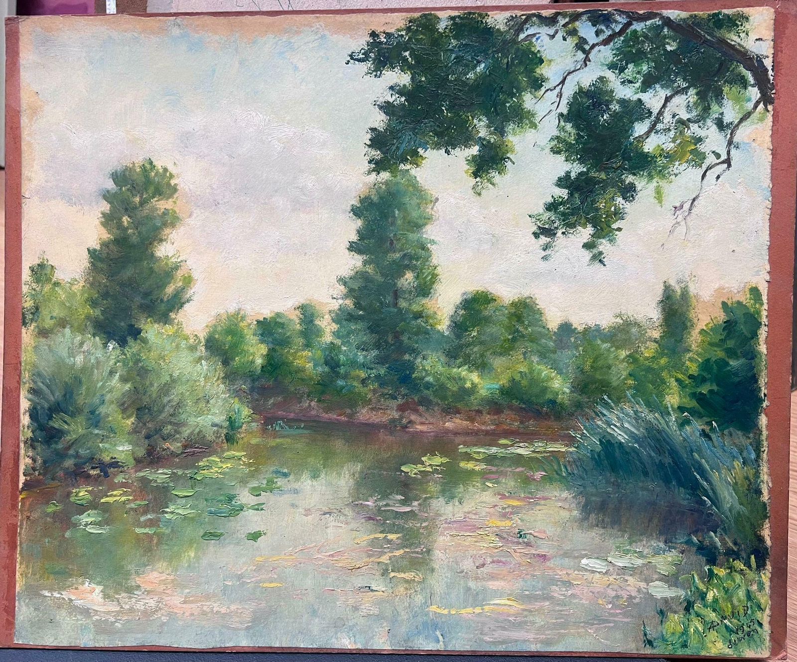 Regine Davidmid 20th Century 1950's French Post Impressionist Oil Waterlily Pond Summer 1950's photo furniture