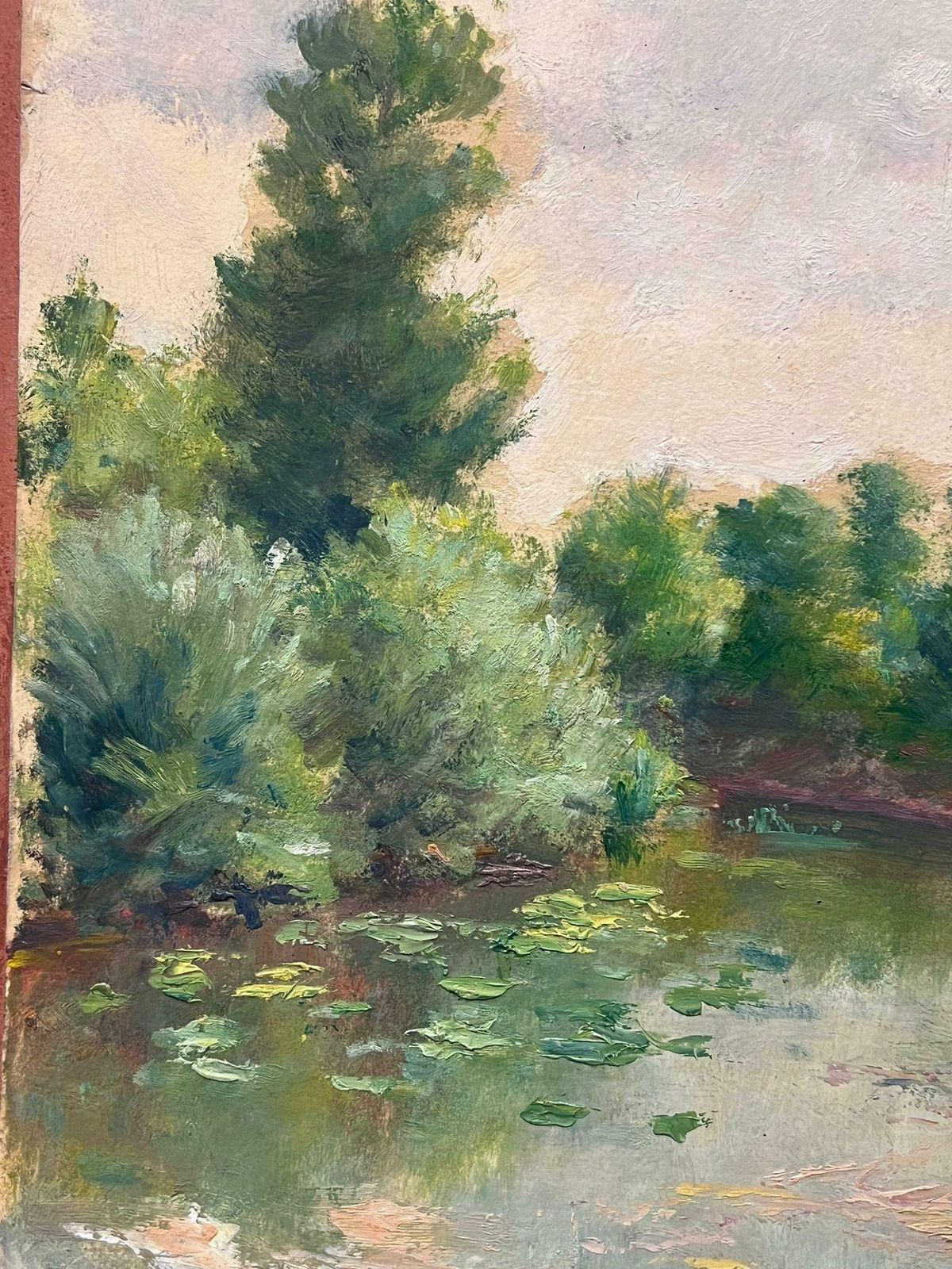 Regine Davidmid 20th Century 1950's French Post Impressionist Oil Waterlily Pond Summer 1950's photo for sale
