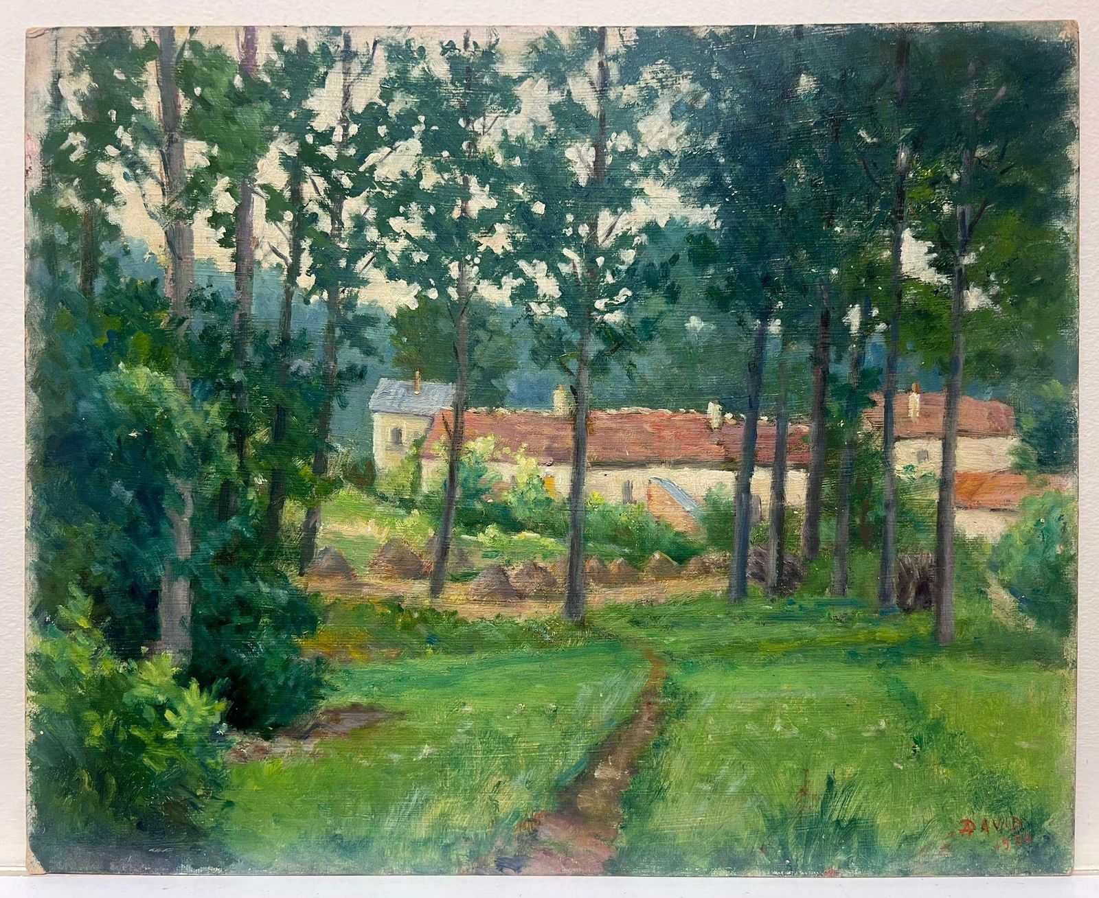 Regine Davidmid 20th Century French Impressionist Oil Farm Buildings In Sunny Green Fields1950's photo furniture