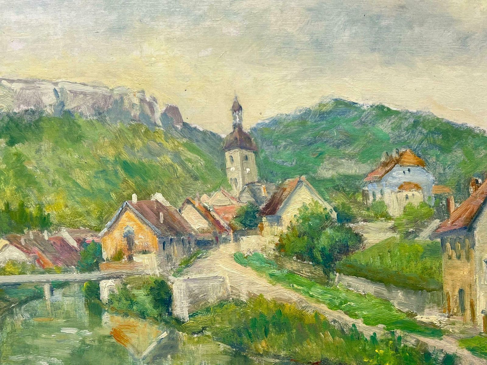 Regine Davidmid 20th Century 1950's French Post Impressionist Oil Old French Town & River1950's photo for sale