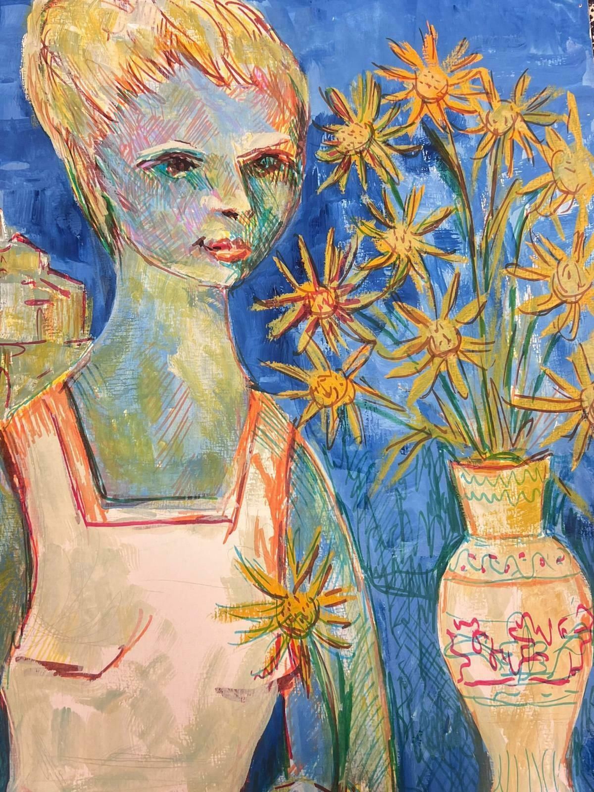 Bernard Labbe1950's Modernist Painting Blonde Lady Holding Sun Flowers In Blue Scenery1950's photo Art