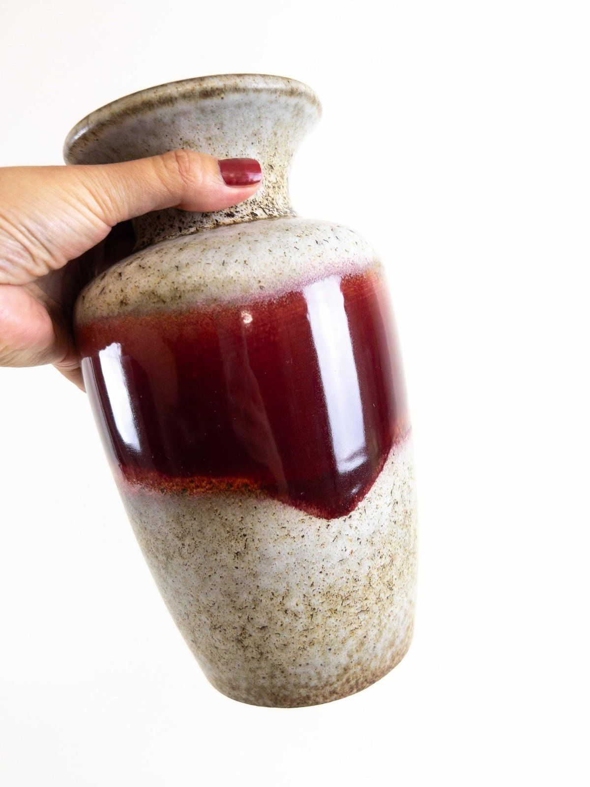 West German Pottery Vase By Scheurich 202 24   Fat Lava Vase In Deep Red And Cement Color photo furniture