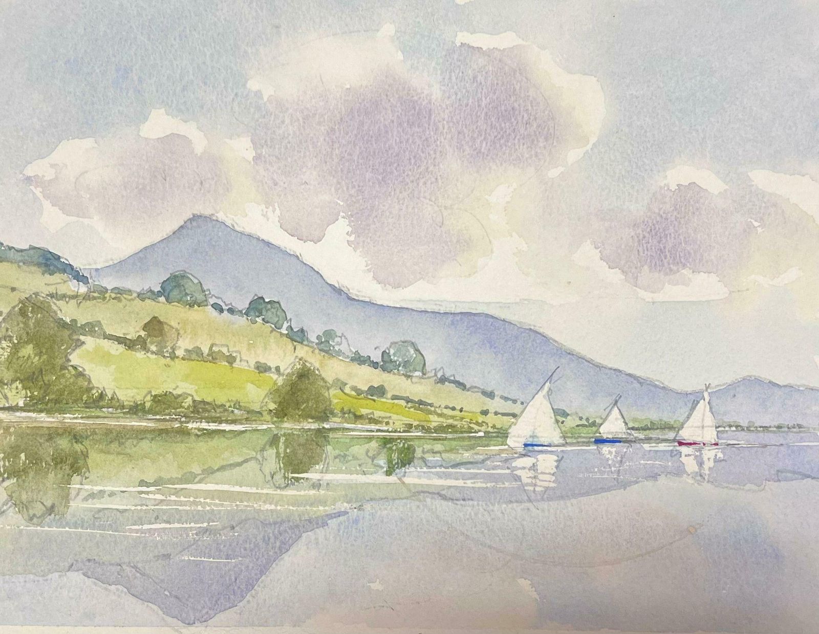 Anthony Averybritish Original Impressionist Watercolor Sailing Boats On The Tranquil River