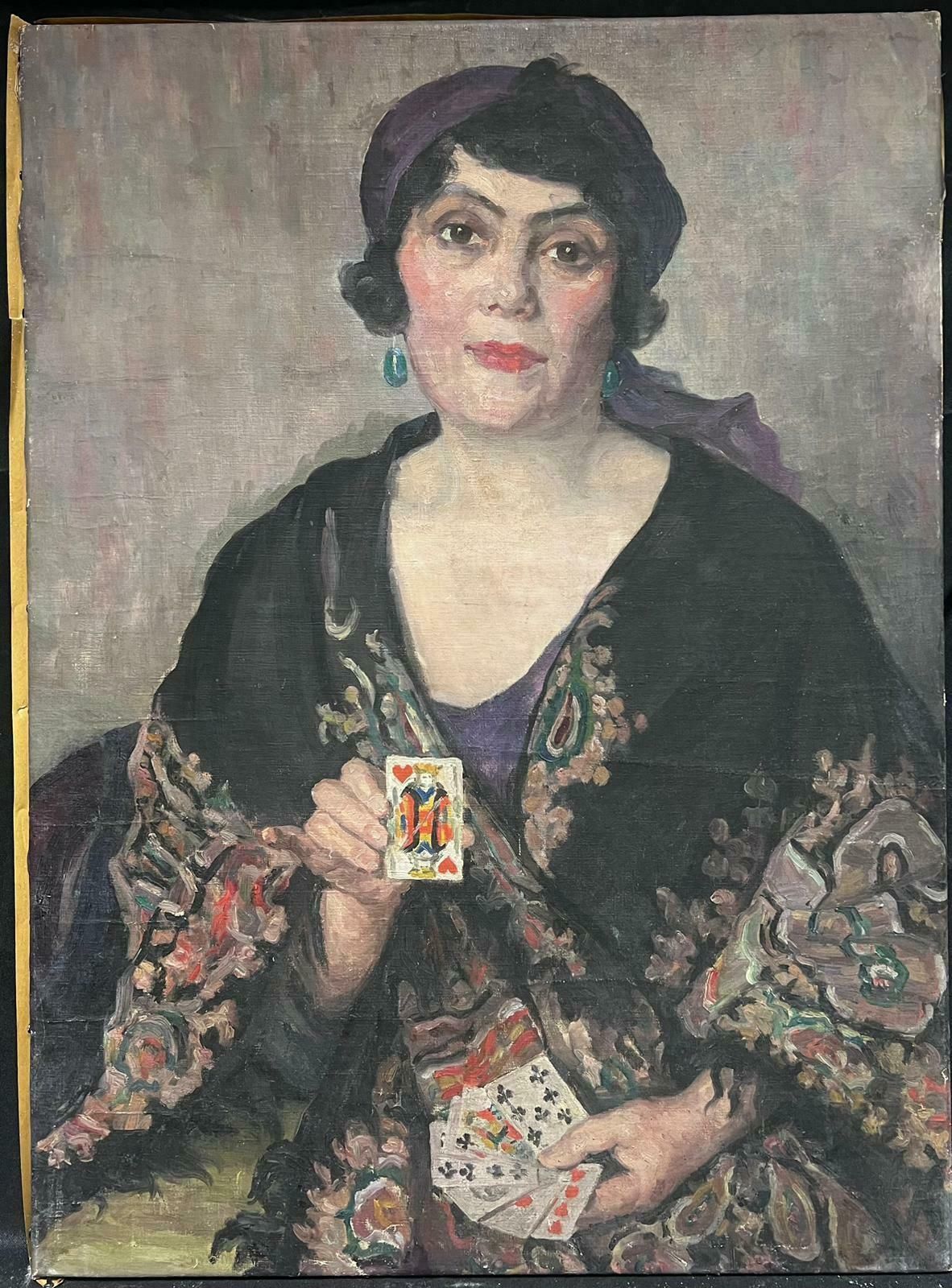 Louise Alix1930's French Oil Painting Portrait Of Lady With Playing Cards Beautiful Work1930's photo furniture