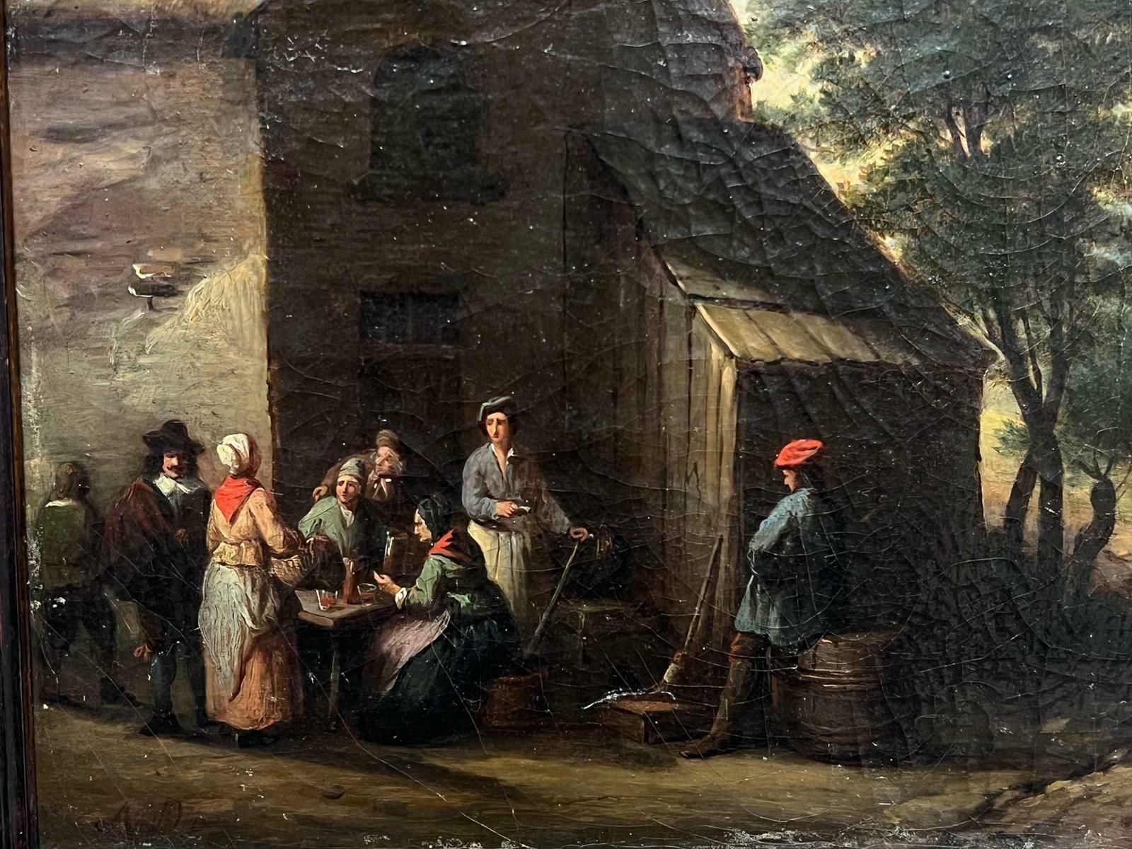19th Century Dutch Or Flemish Schoolfigures Chatting Outside Village Tavern In Mountain Landscape, Period Oil photo 1318.0