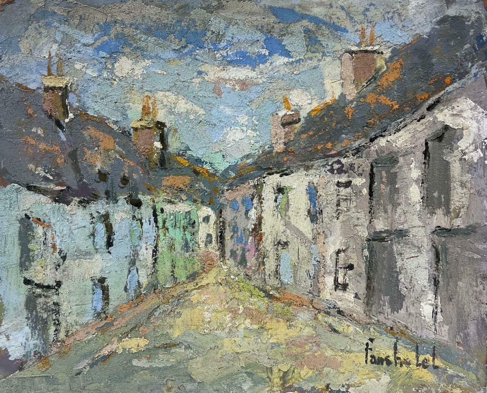 Fanch Lelquiet Village Lane In Textured Color And Light Original French Painting 20th Century photo furniture