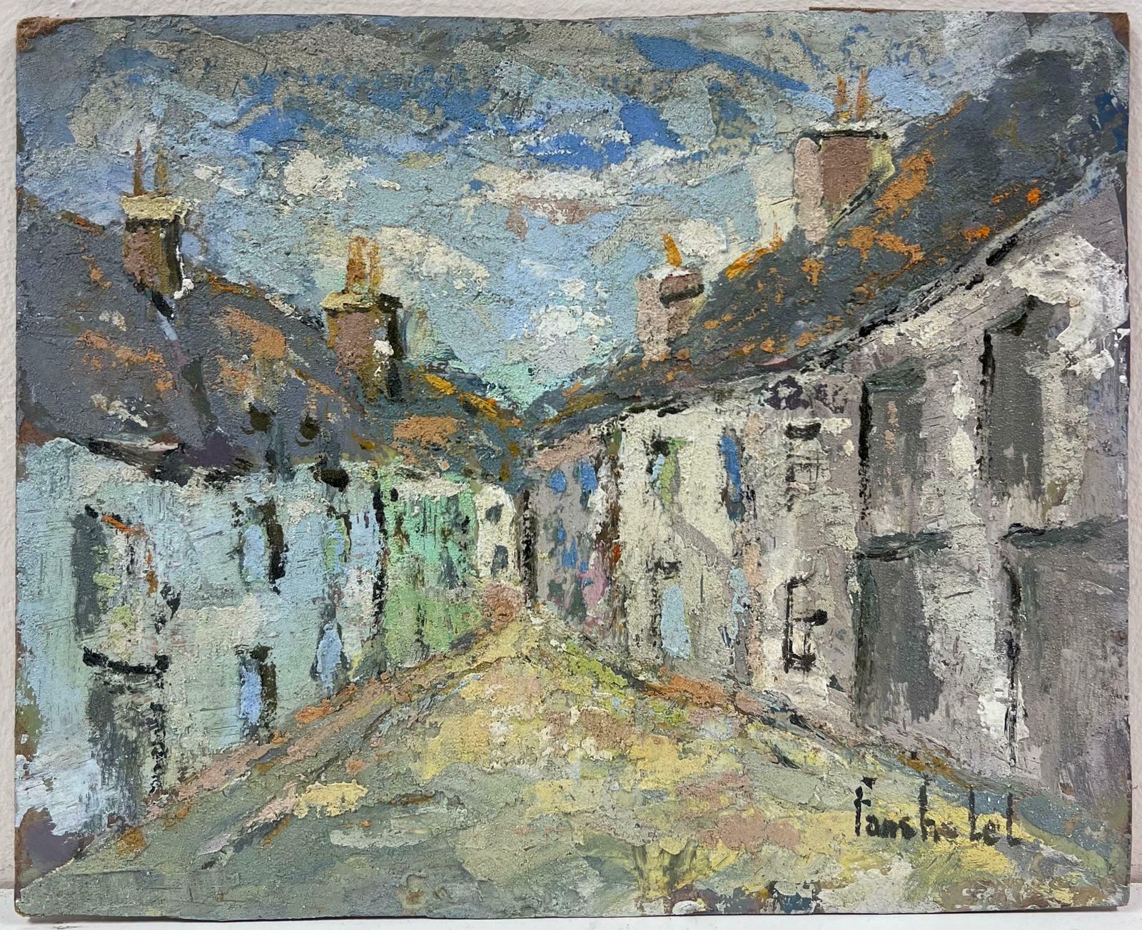 Fanch Lelquiet Village Lane In Textured Color And Light Original French Painting 20th Century photo for sale