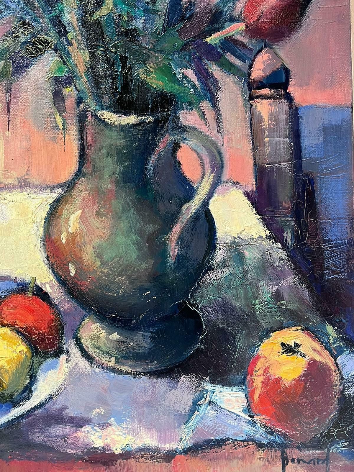 Guy Benardlarge French Post Impressionist Signed Oil Tulips, Apples & Pears Still Life photo vintage
