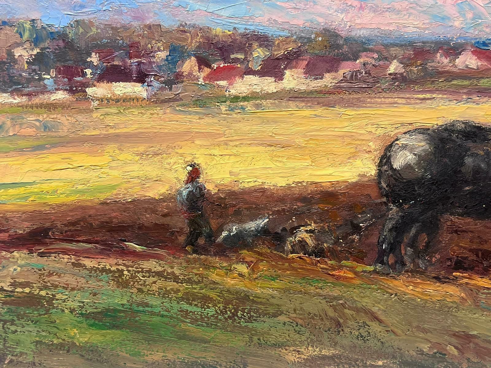 Leon Hatotvintage French Oil Painting Of Two Black Horses Farming In Blue Skied Field photo 687.0