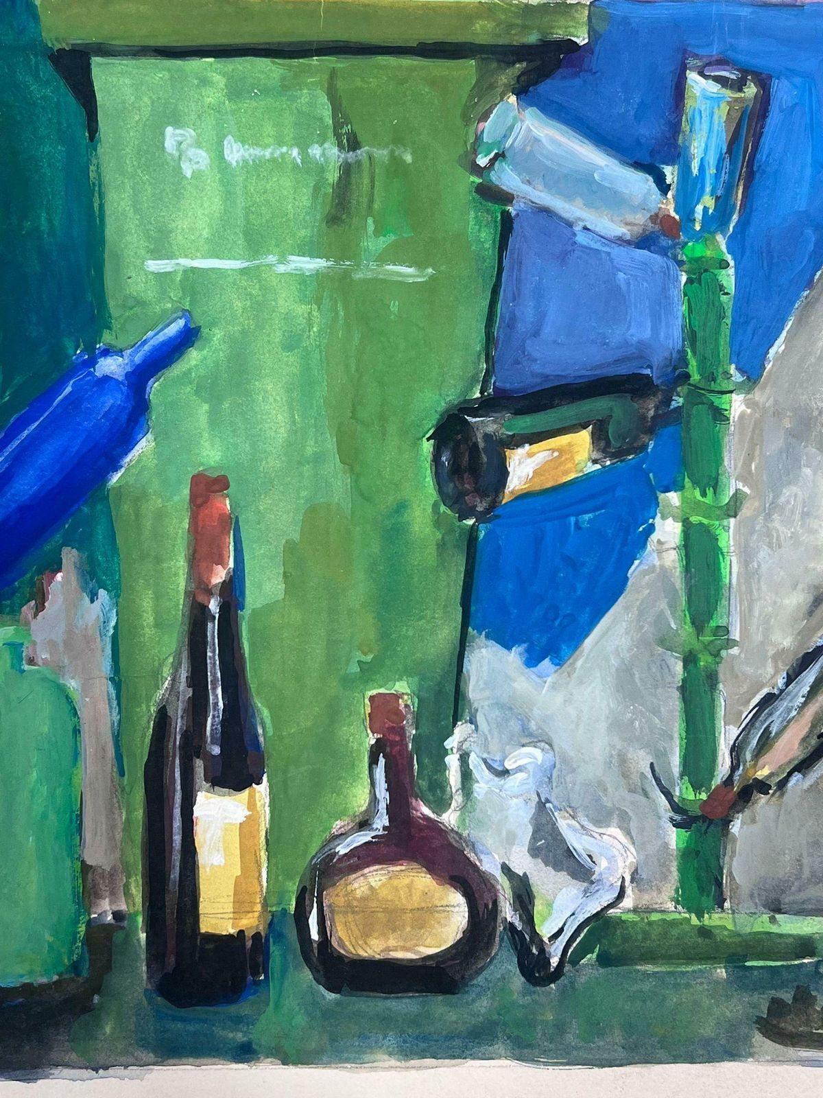 Guy Nicod 1970's French Modernist Still Life Wine Bottles Green Background photo Art