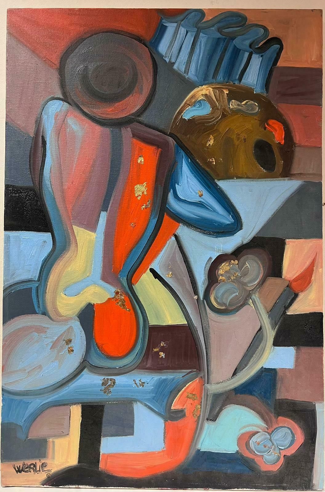 Beatrice Werlielarge Abstract Cubist Style Multicoloured Original Oil Painting Signedc.2000 photo furniture