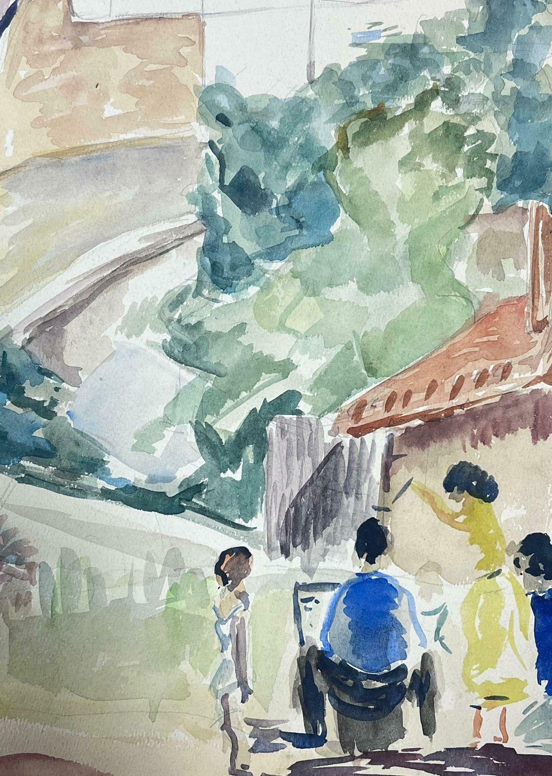 Guy Nicod Mid 20th Century French Post Impressionist Watercolor Provencal Village Figures photo furniture