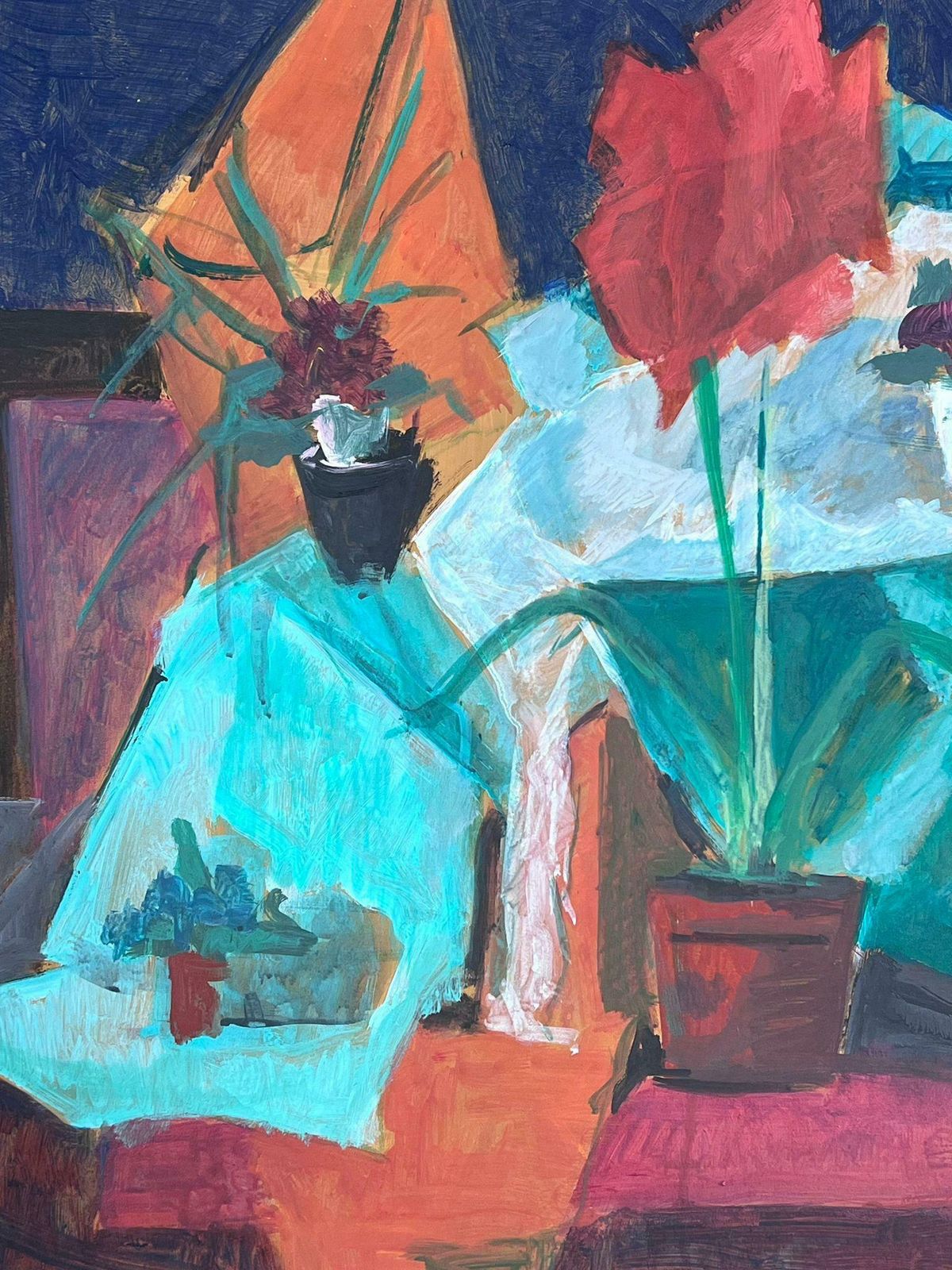 Guy Nicodfrench 20th Century Modernist Painting Tall Red Plant In Vase Still Life photo for sale