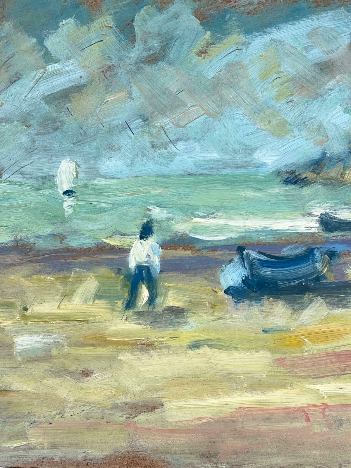 Fanch Lela Lone Figure And Boats By The Gentle Waves Of A Calm Coastline French Oil20th Century photo Art