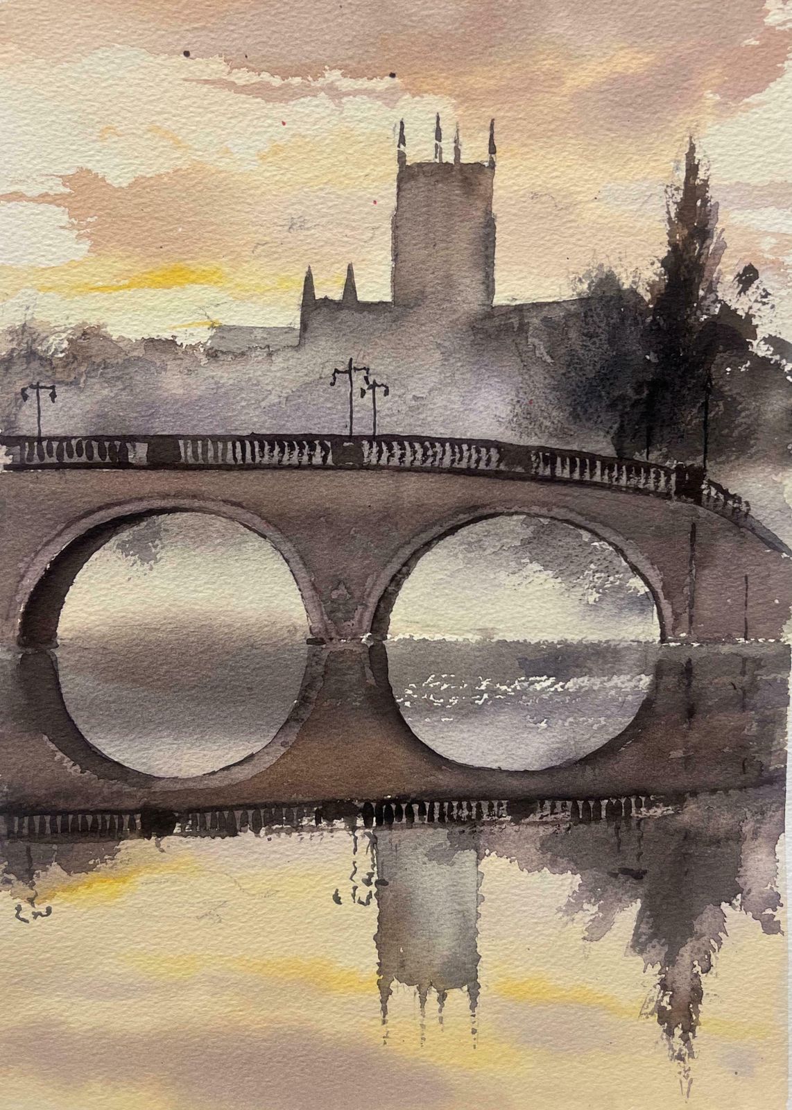 Anthony Averybritish 20thc Impressionist Watercolor Misty English River Bridge Church Spire