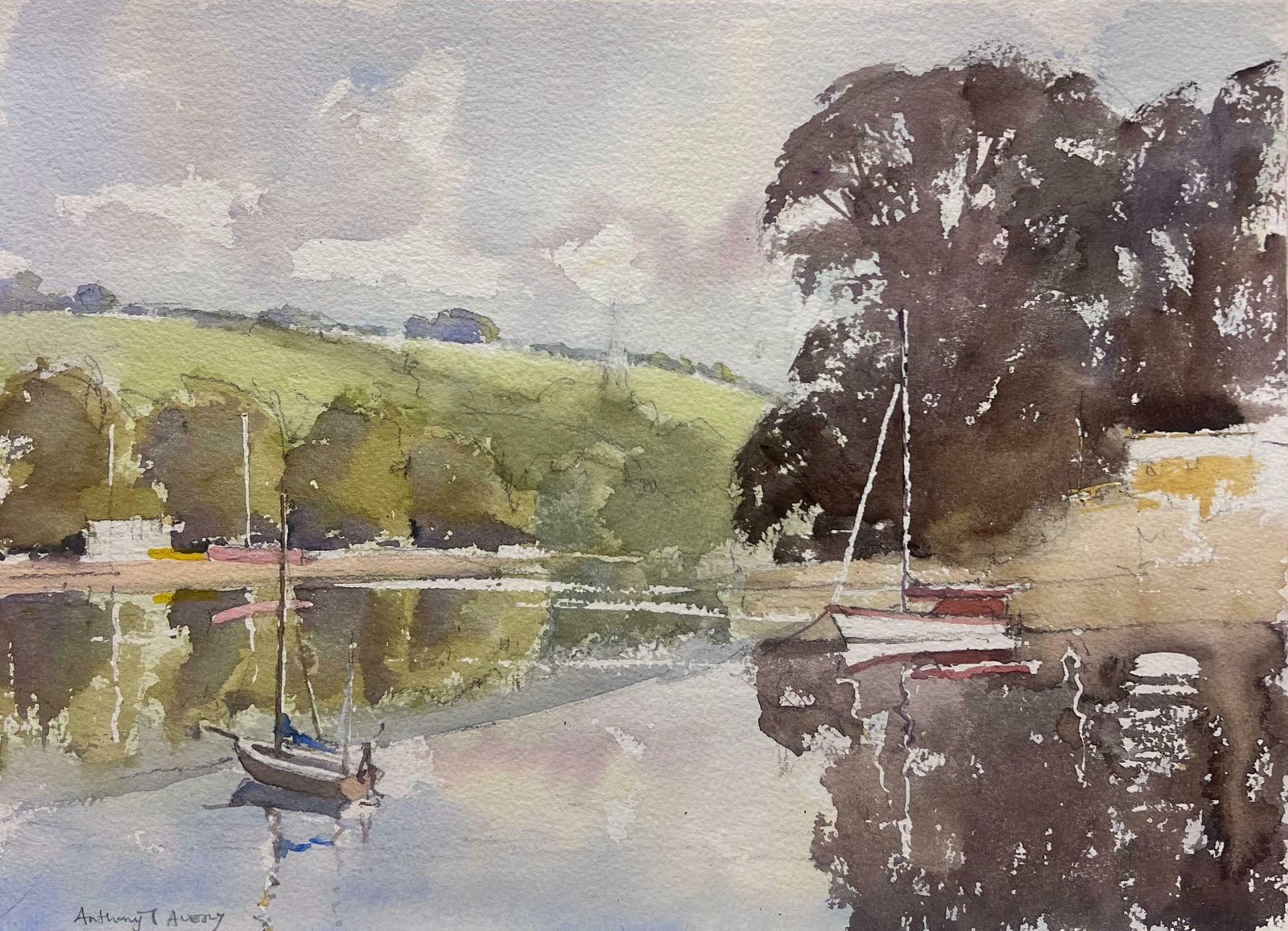 Anthony Averybritish Original Impressionist Watercolor Sailing Boats River Estuary Landscape