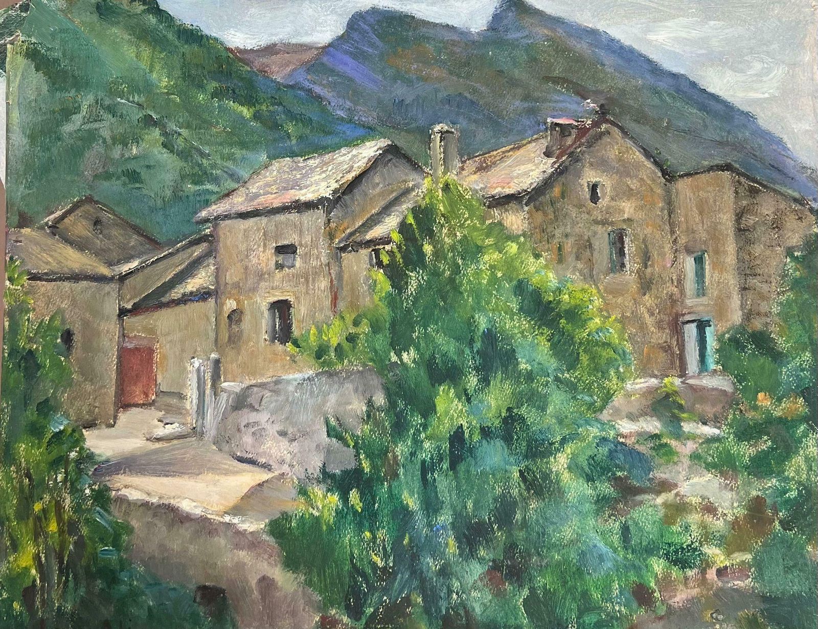 Louise Alix1930's French Impressionist Stone Houses In Purple Green Mountains 1930's photo furniture