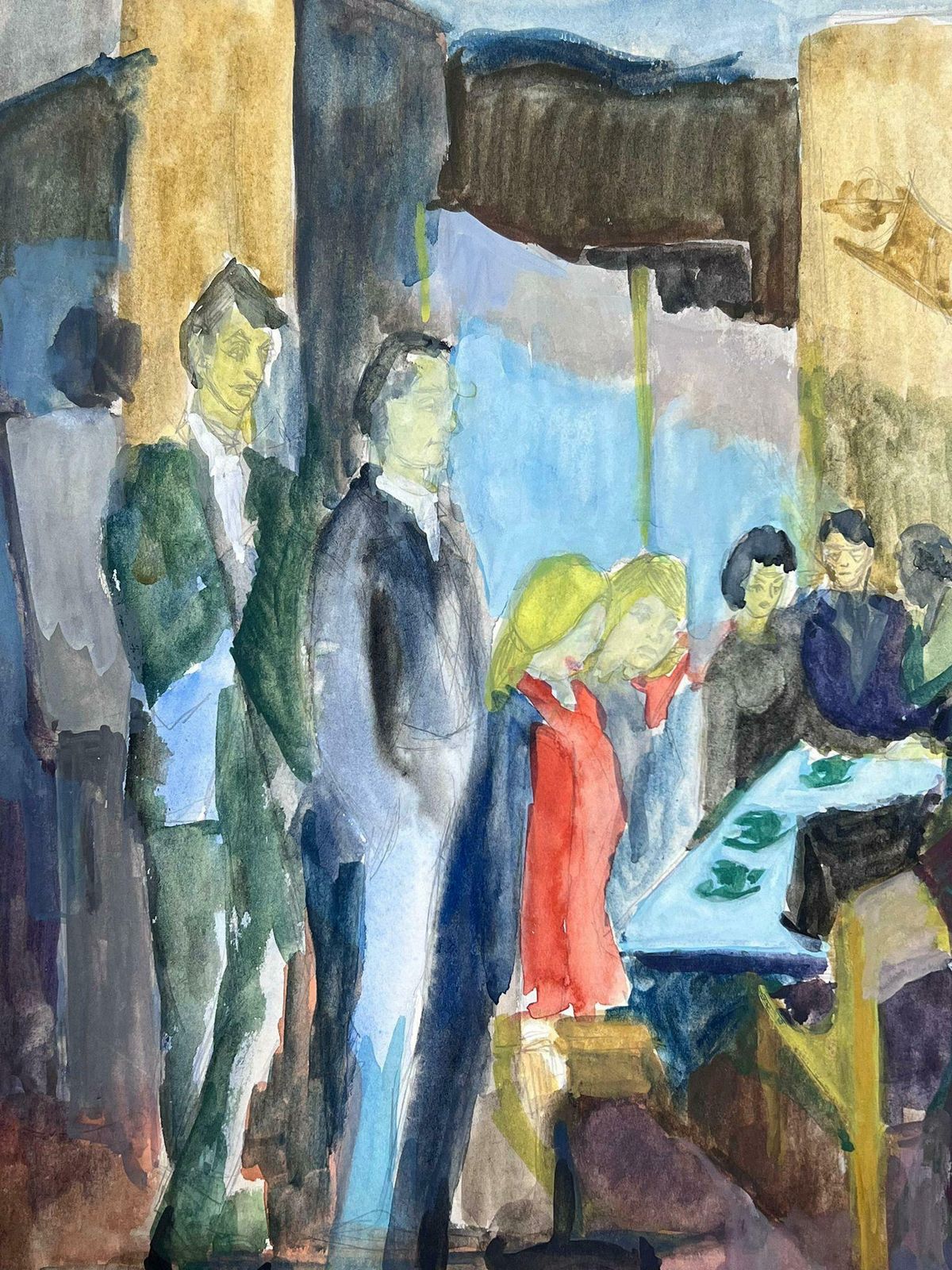 Guy Nicod 20th Century French Modernist Painting Crowded Cafe Bar Scene With Figures photo for sale