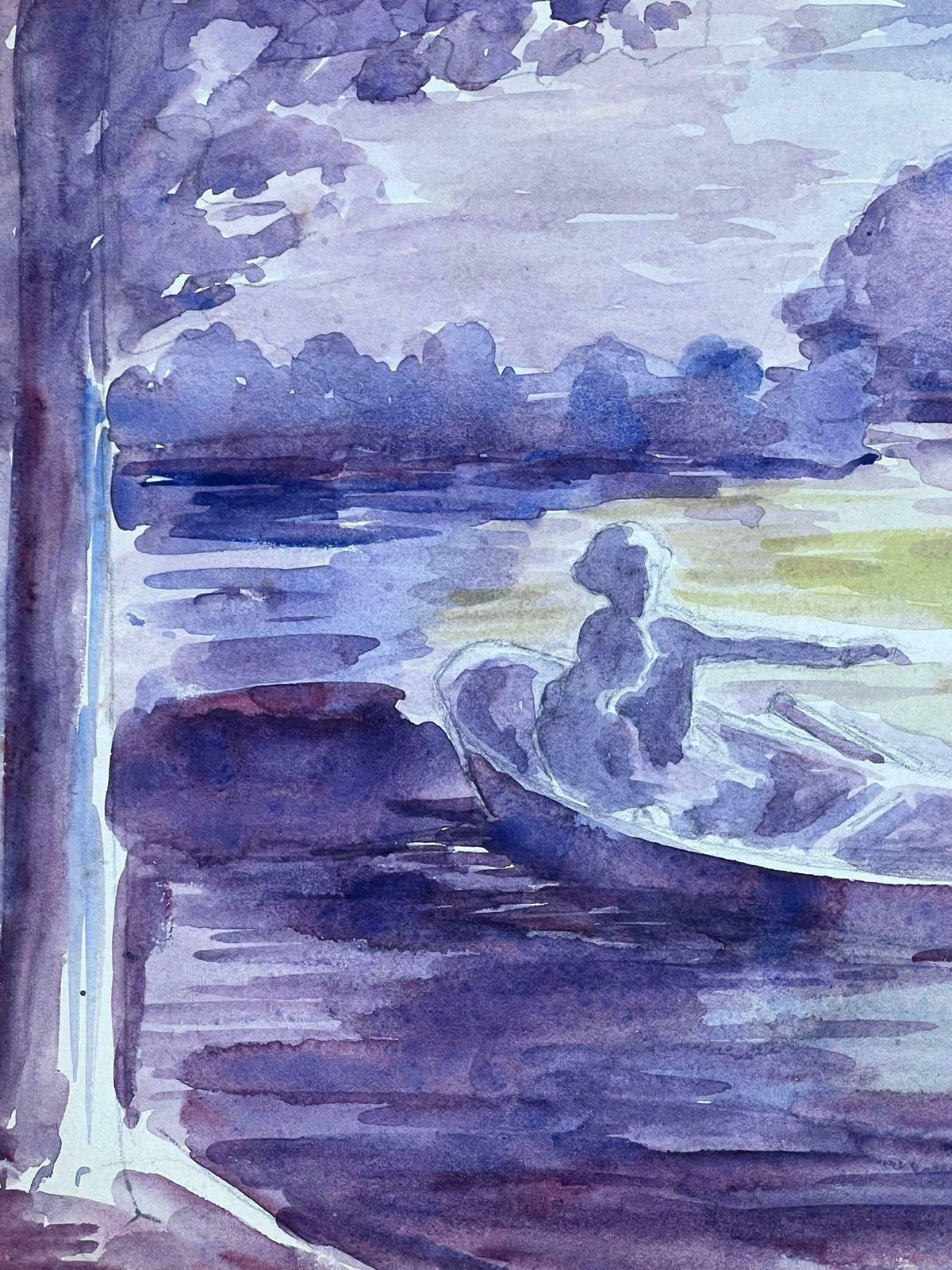Louise Alixrowing Boat On Sunset Purple Lake Watercolour 1930's photo Art