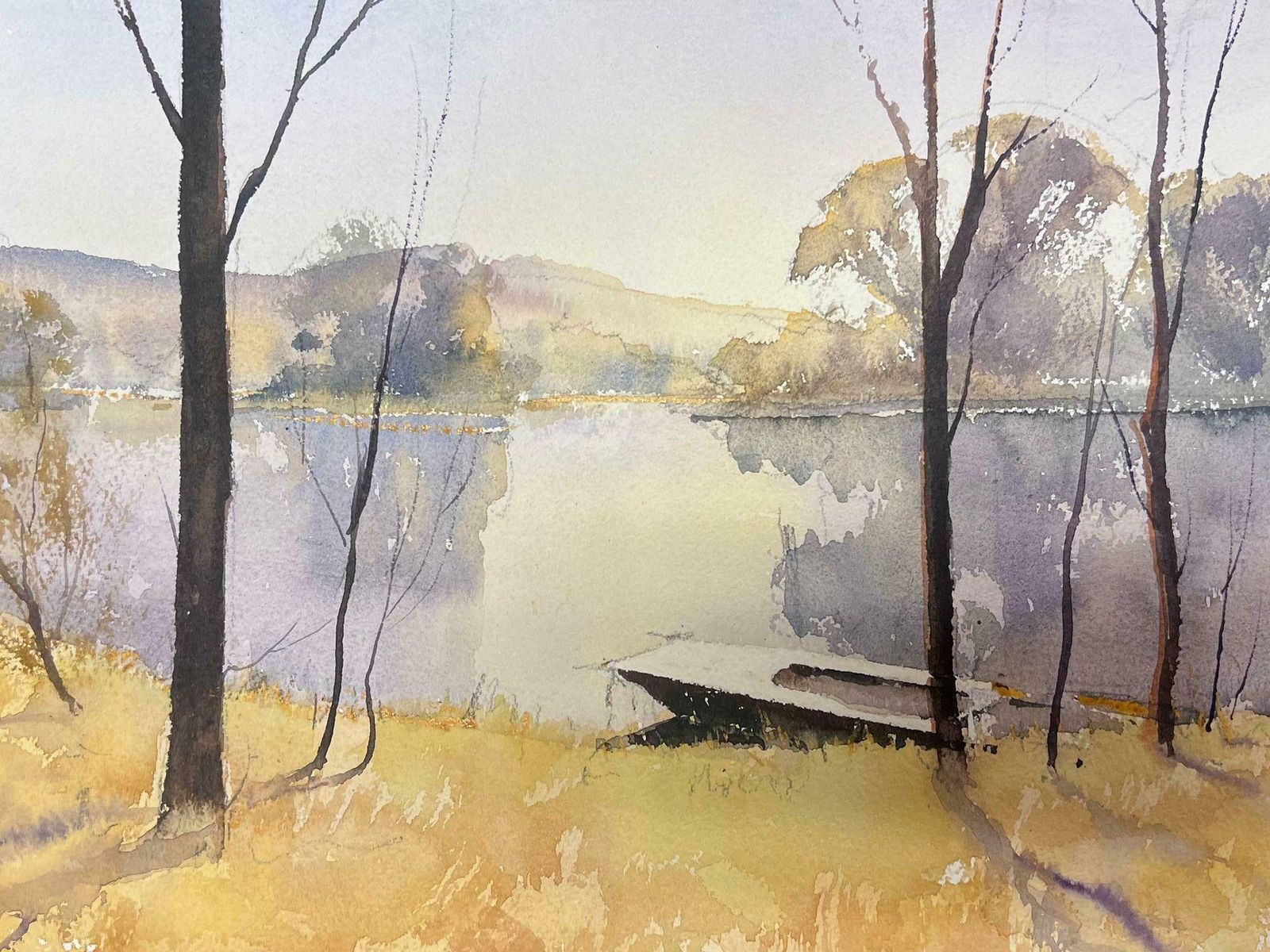 Anthony Averyfine British Original Impressionist Watercolor Rowing Boat At Yellow Waterbank
