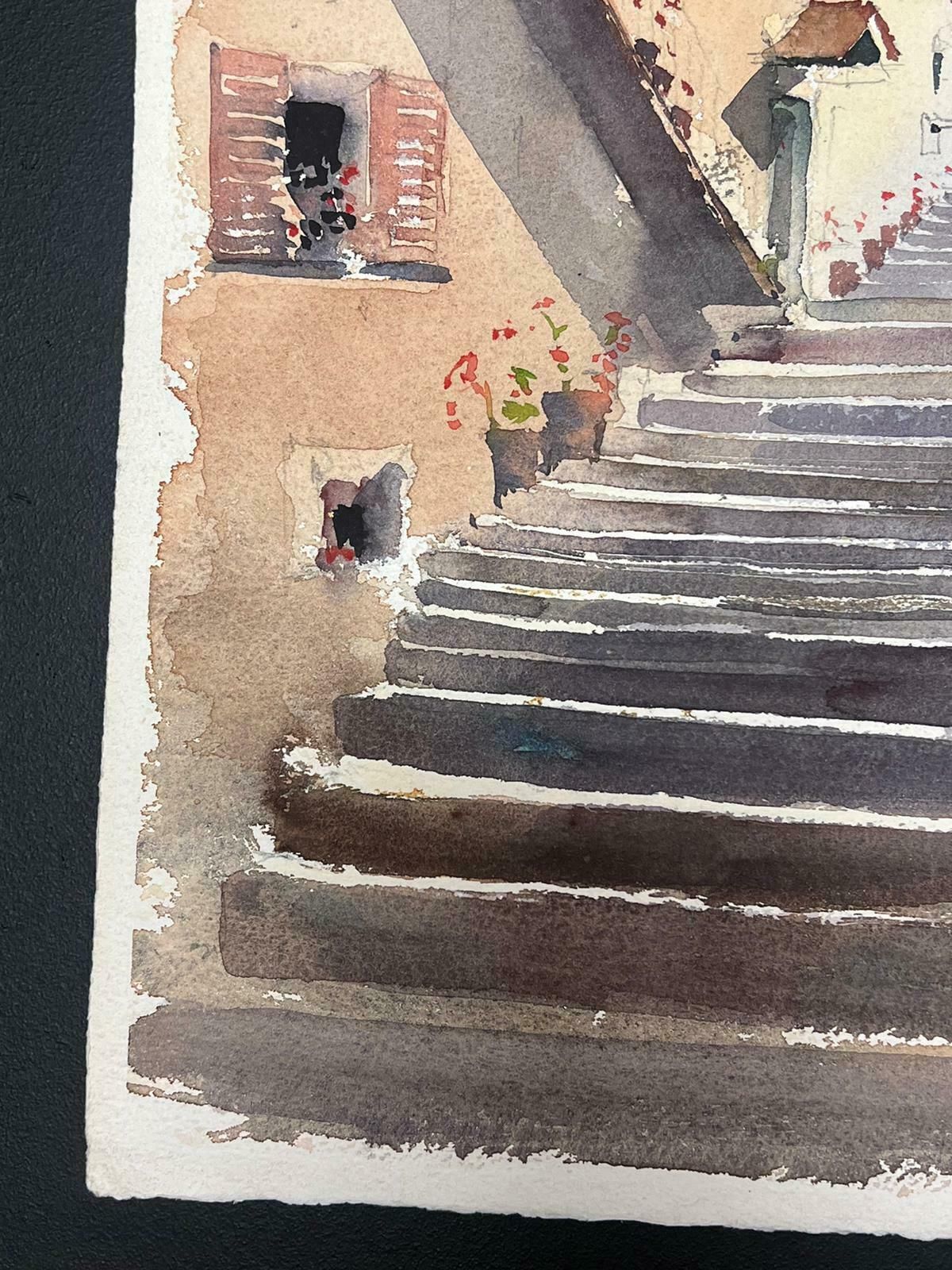 Anthony Averyfine British Original Impressionist Watercolor Village Stone Steps photo for sale