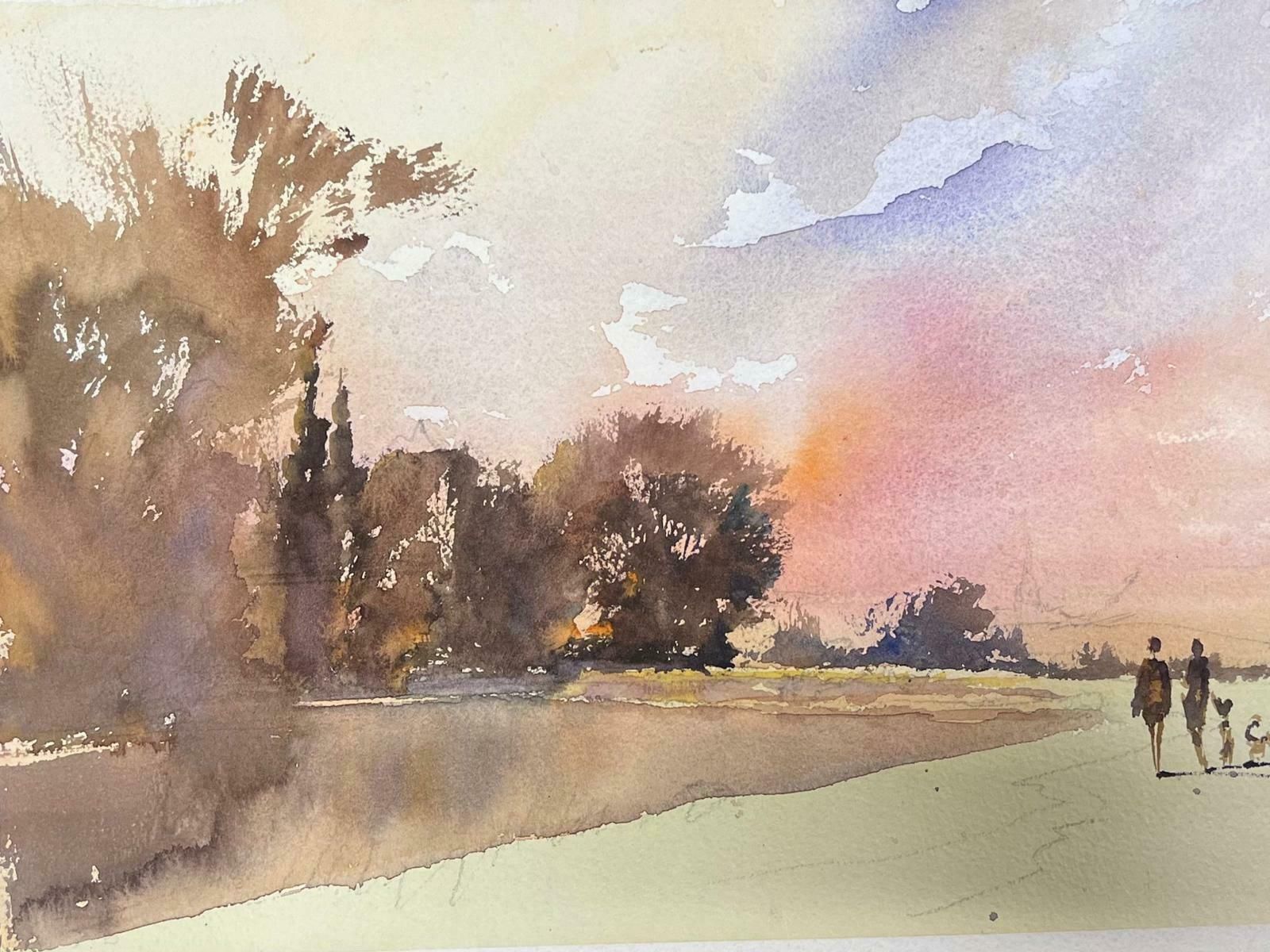 Anthony Averyfine British Original Impressionist Watercolor Family Walking At Dusk