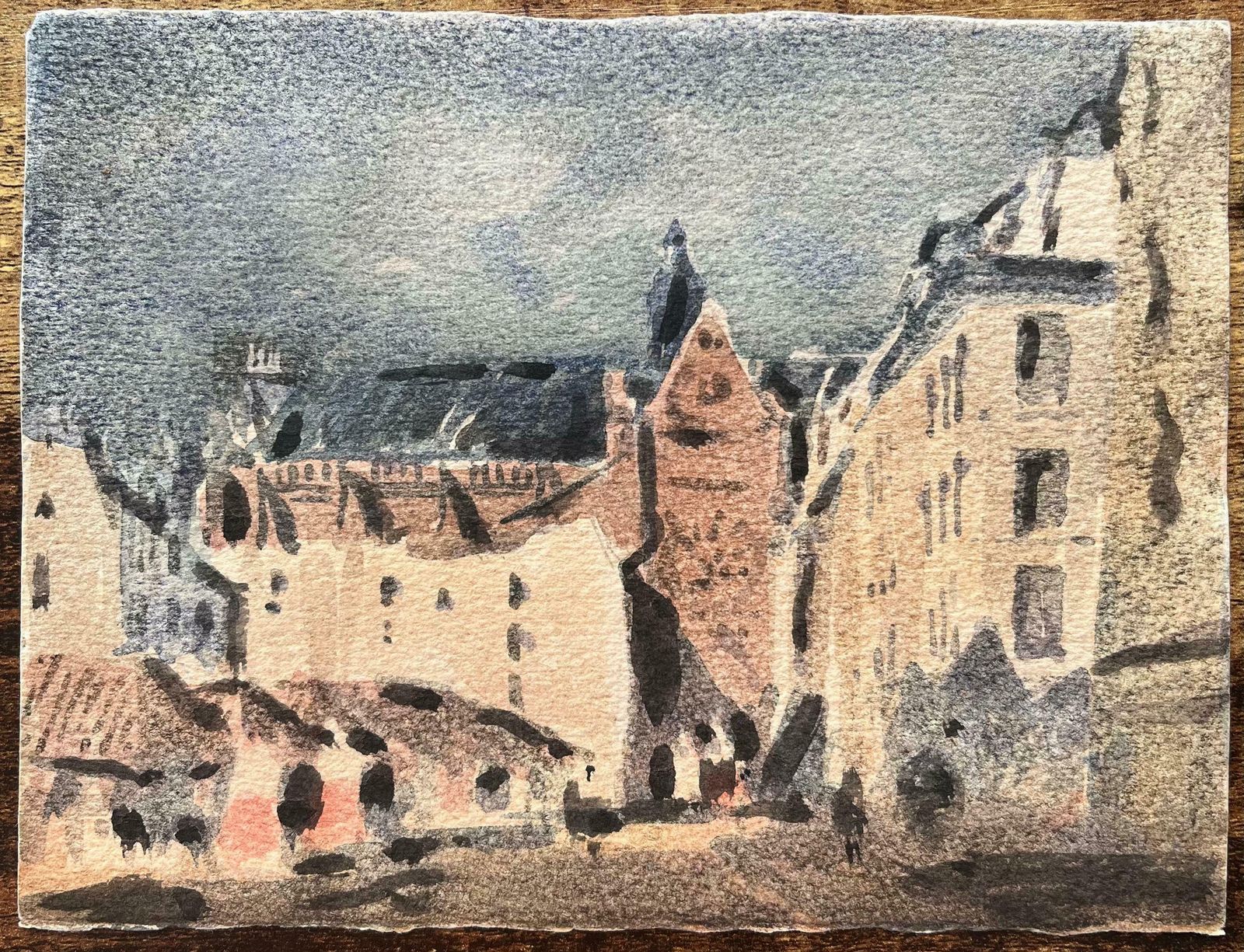 Maurice Mazeiliefrench Impressionist Watercolor Of A Gothic Church And Town Square20th Century photo for sale