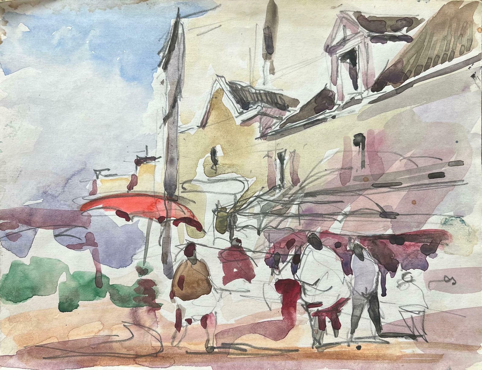 Maurice Mazeiliefrench Impressionist Watercolor Of A Bustling Street Market Scene With Figures20th Century