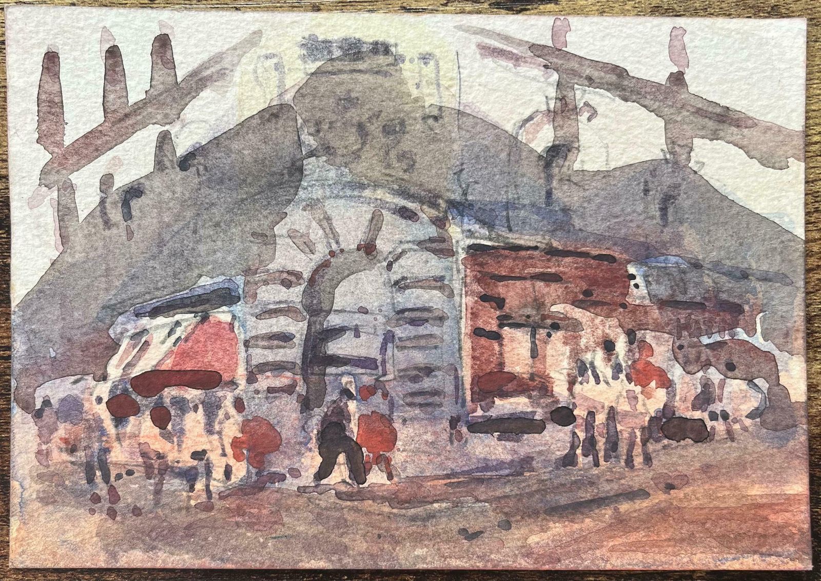 Maurice Mazeiliefrench Impressionist Watercolor Of A Busy Market Scene With Arched Building20th Century photo for sale