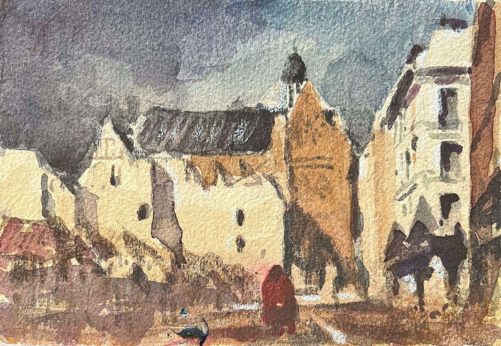 Maurice Mazeiliefrench Impressionist Watercolor Of A Gothic Church And Town Square20th Century