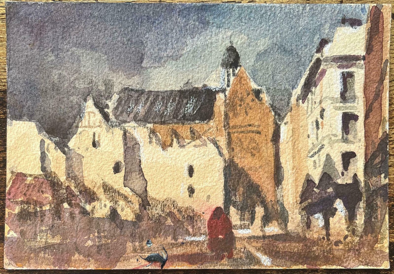 Maurice Mazeiliefrench Impressionist Watercolor Of A Gothic Church And Town Square20th Century photo furniture