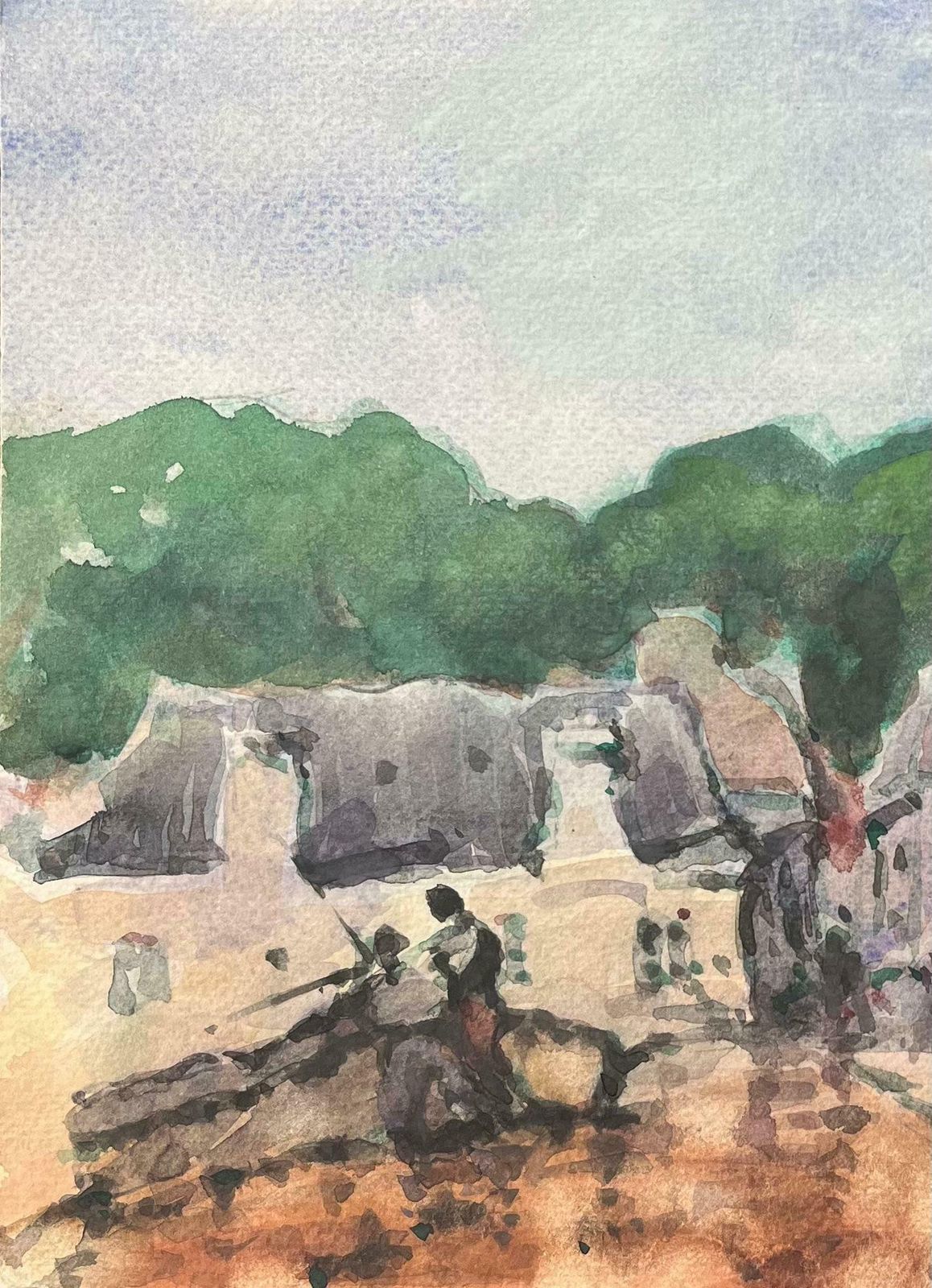 Maurice Mazeiliefrench Impressionist Watercolor Of A Village Scene With Figures And Trees20th Century photo 315.0