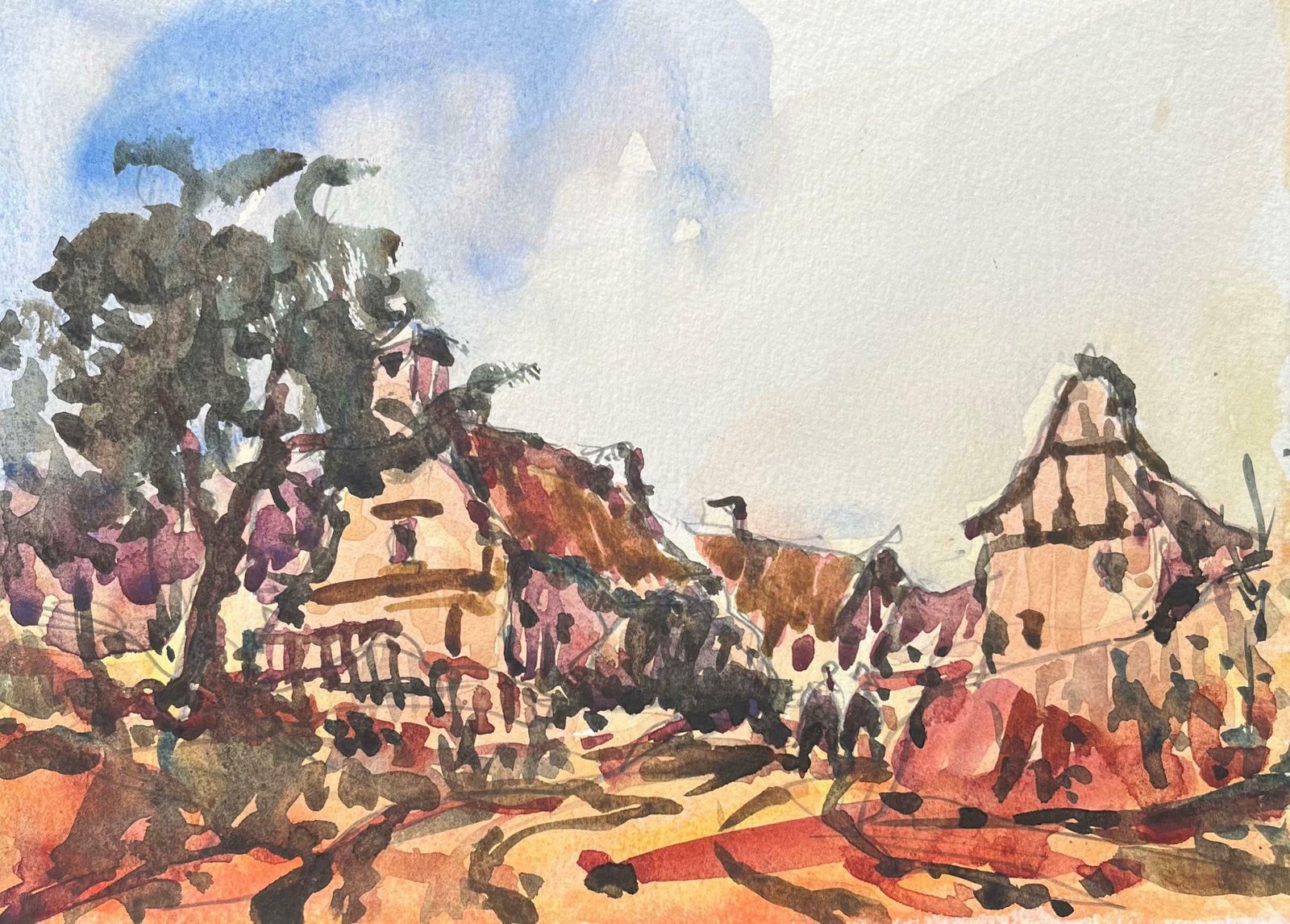 Maurice Mazeiliefrench Impressionist Watercolor Of A Colourful Quaint Village Scene20th Century