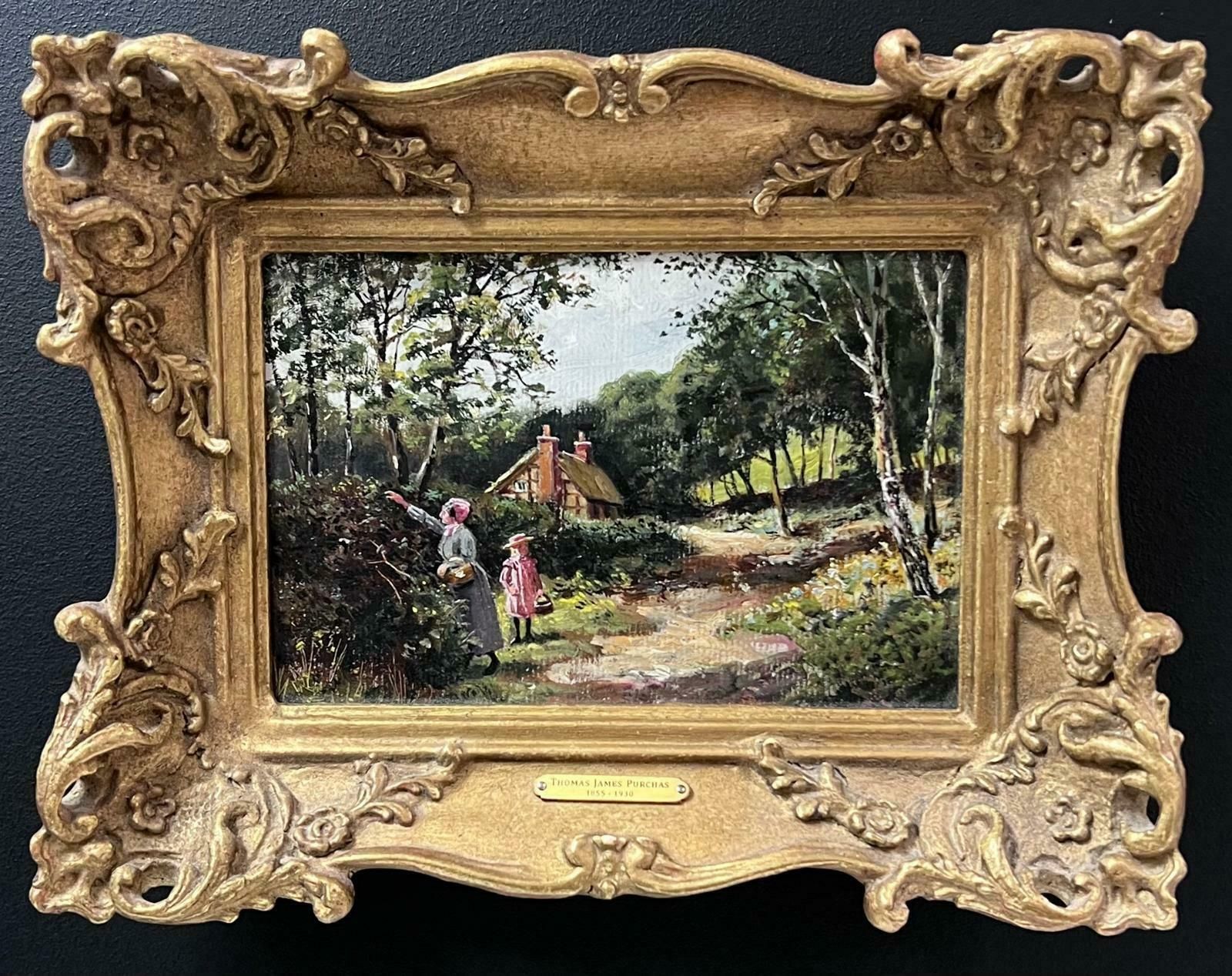 Thomas James Purchasblackberry Picking Figures In Rural Cottage Lane Victorian Oil Painting