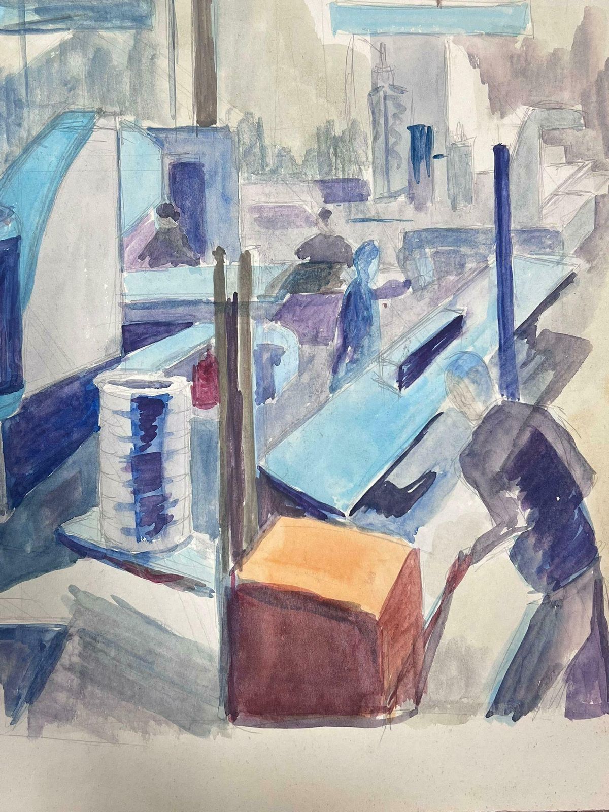 Guy Nicod Mid 20th Century French Painting Figures Working In Factory Post Impressionist photo for sale