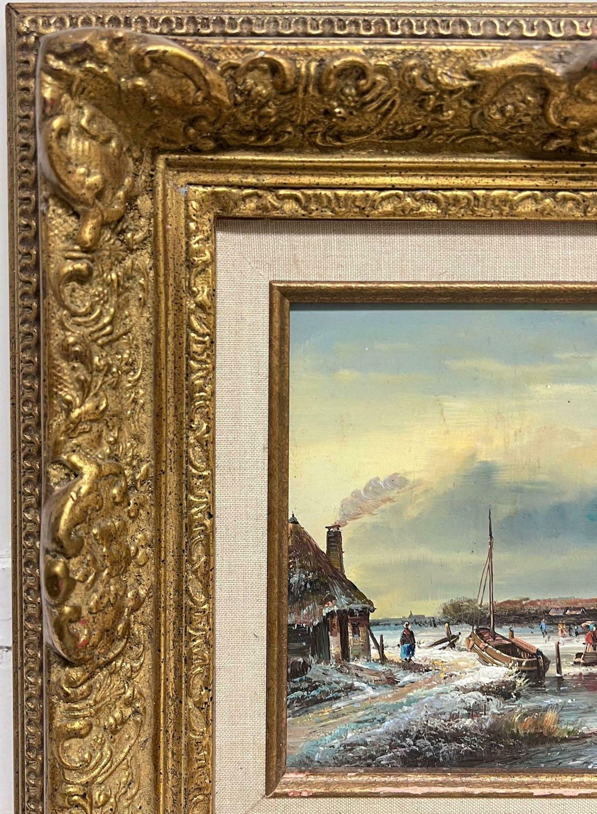 Johnny Gastonfine Dutch Winter Ice Landscape Figures Playing Ice Signed Oil Gilt Swept Frame photo for sale